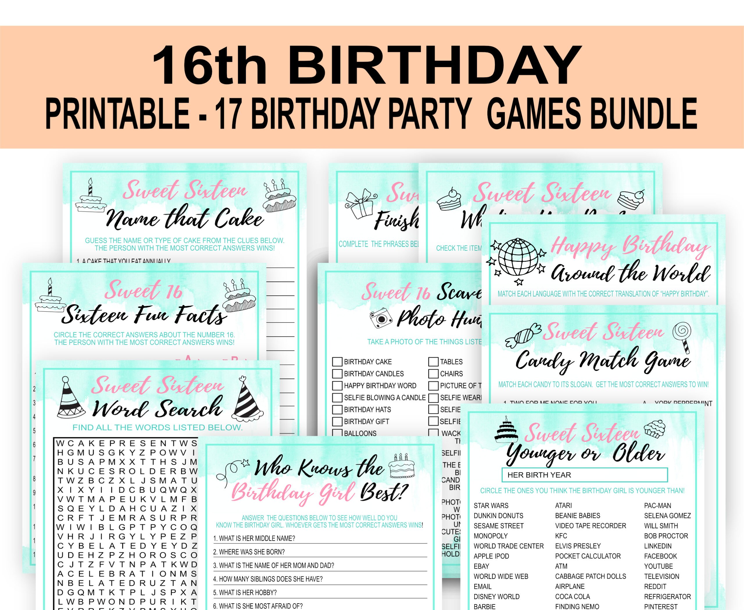 BIRTHDAY GAMES SWEET SIXTEEN 17-1 B-DAY GAMES BUNDLE 16th Birthday Party Games