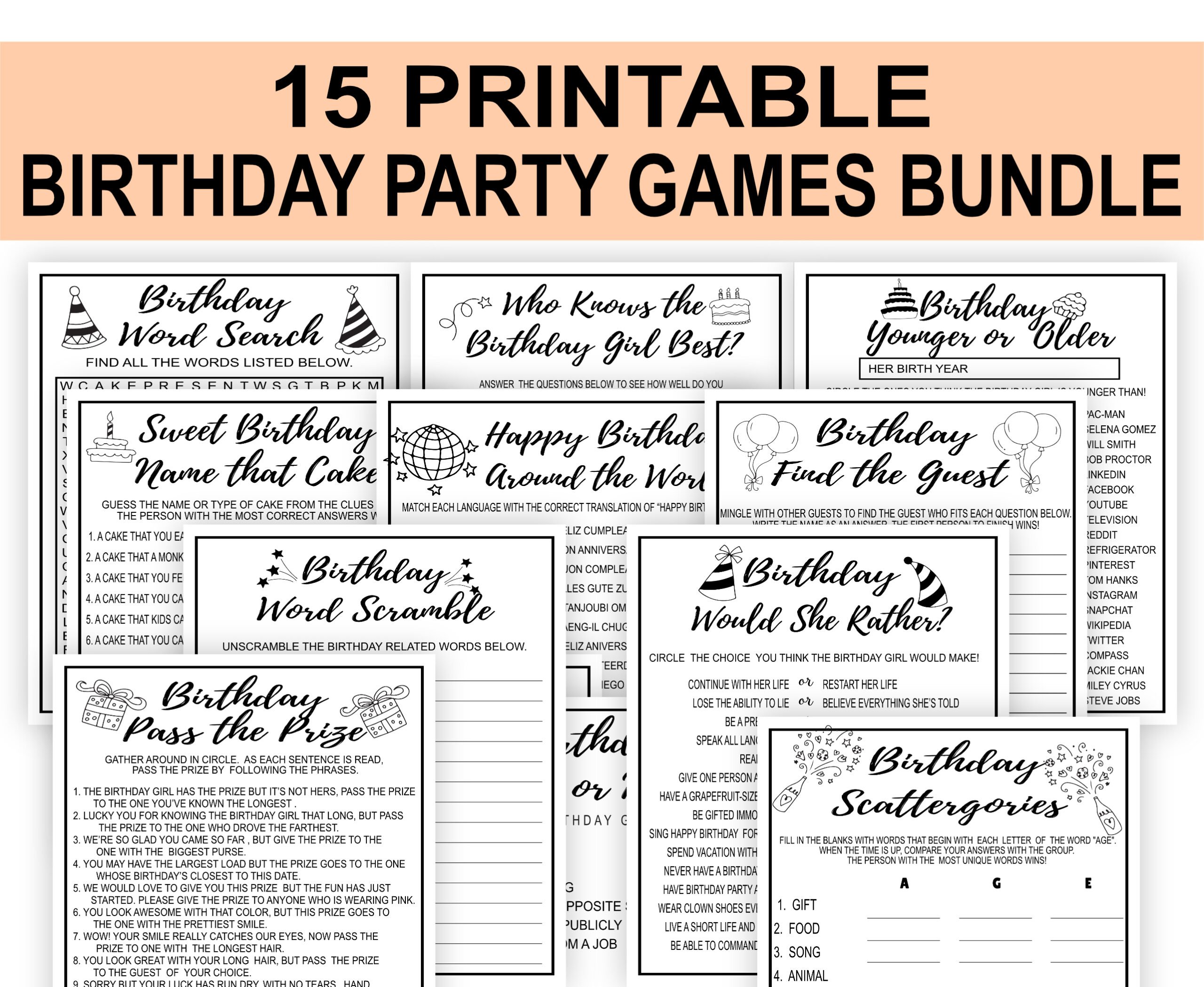 Birthday Games Black and White Birthday Party Games Bundle – Printable Adult Birthday Party Games