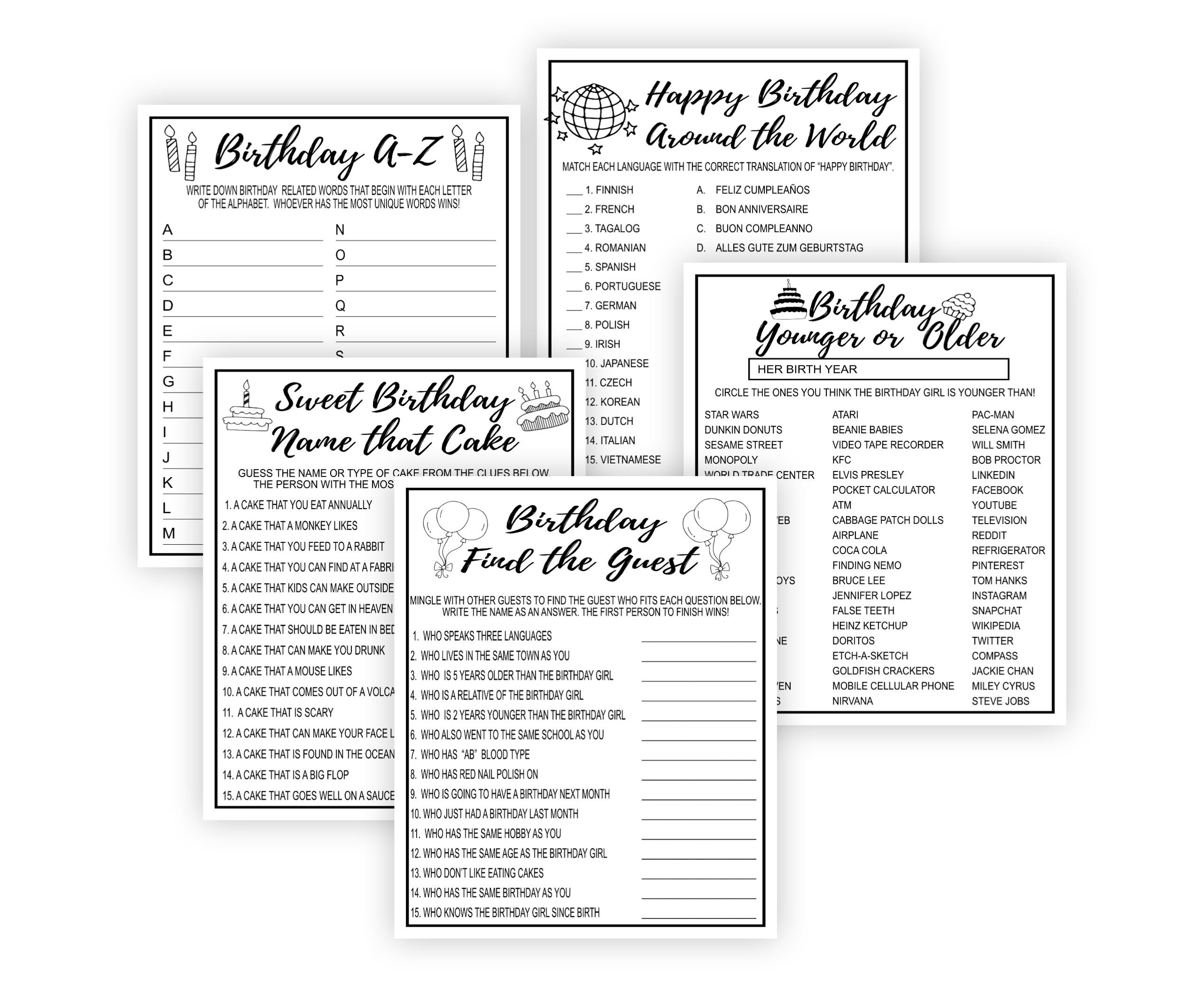 Birthday Games Black and White Birthday Party Games Bundle – Printable Adult Birthday Party Games