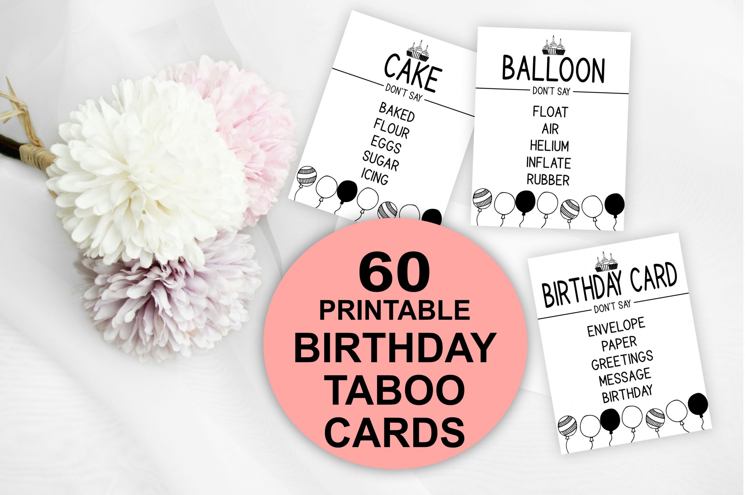 BIRTHDAY GAMES 60 Printable Birthday Taboo Game Cards Adult