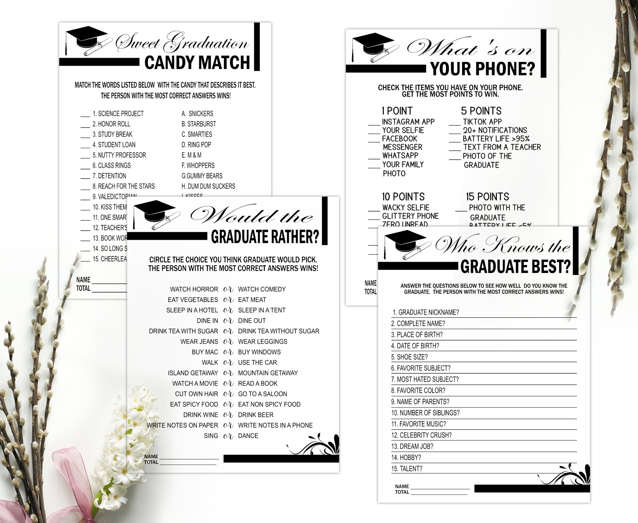 GRADUATION GAMES Black & White GRADUATION GAMES 14-1 bundle Black White Graduation Party Game Bundle Pack Printable