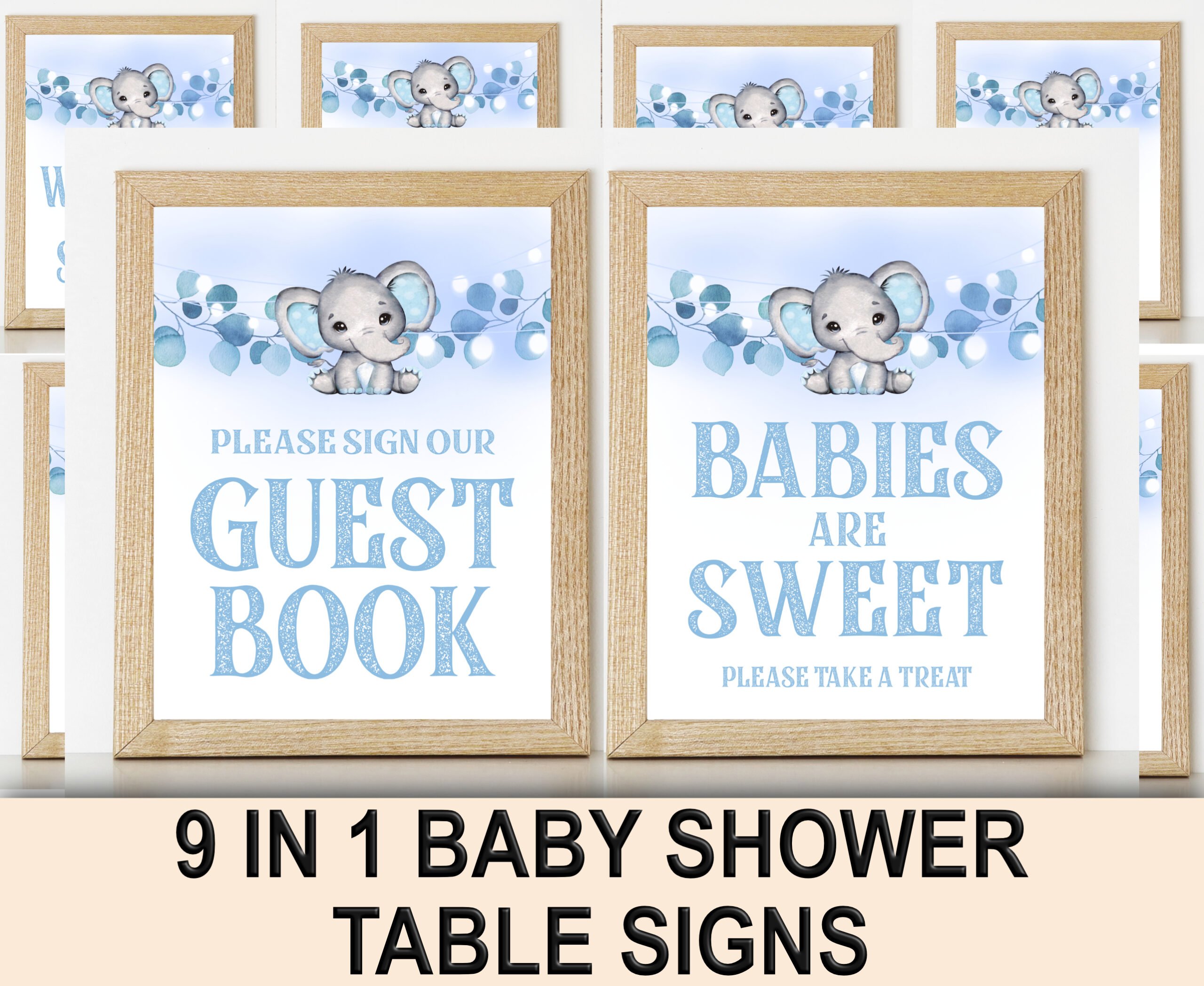BABY SHOWER SIGNS | DECORS 9-1 BLUE ELEPHANT BABY SHOWER SIGNS BUNDLE baby blue