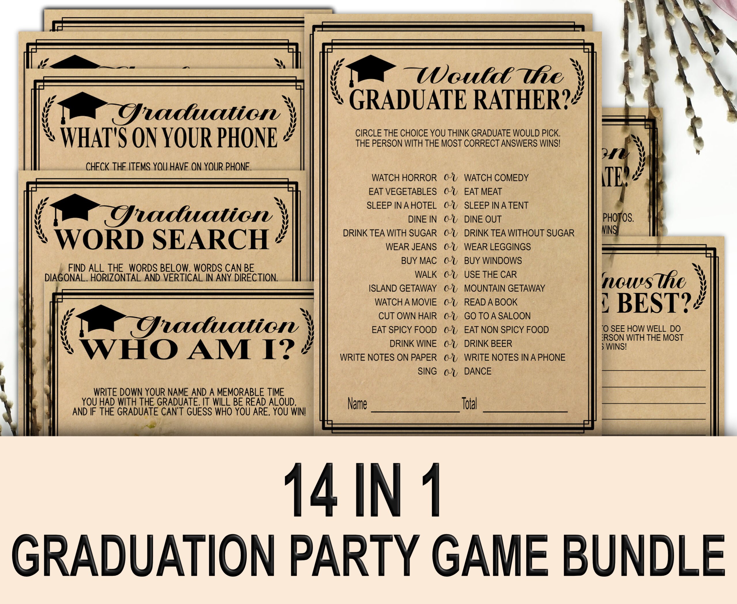 GRADUATION GAMES Rustic Kraft Graduation 14-1 Game Bundle Graduation Charades