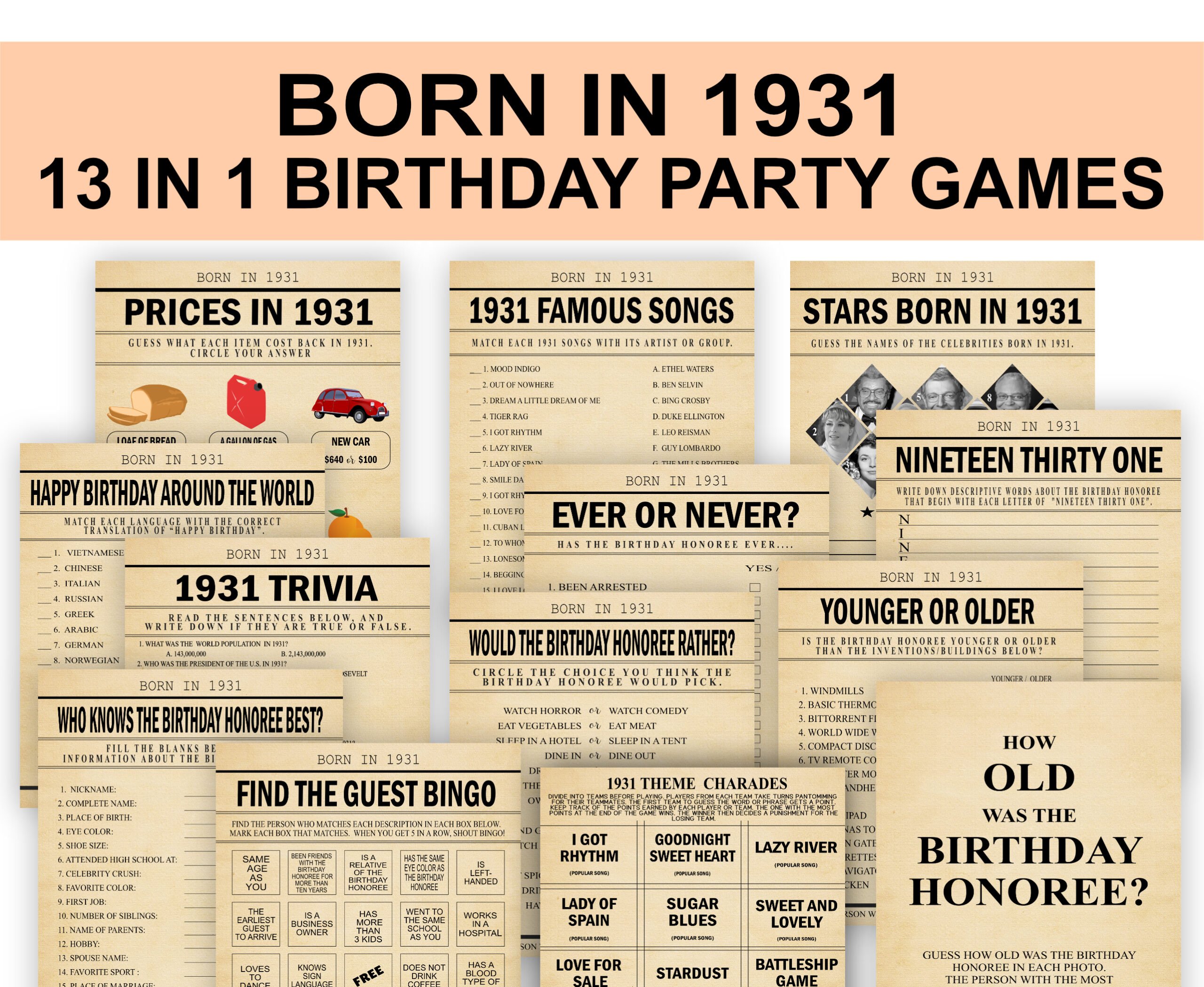 Birthday Games 13-1 BORN IN 1931 GAME BUNDLE 1931 Theme Birthday