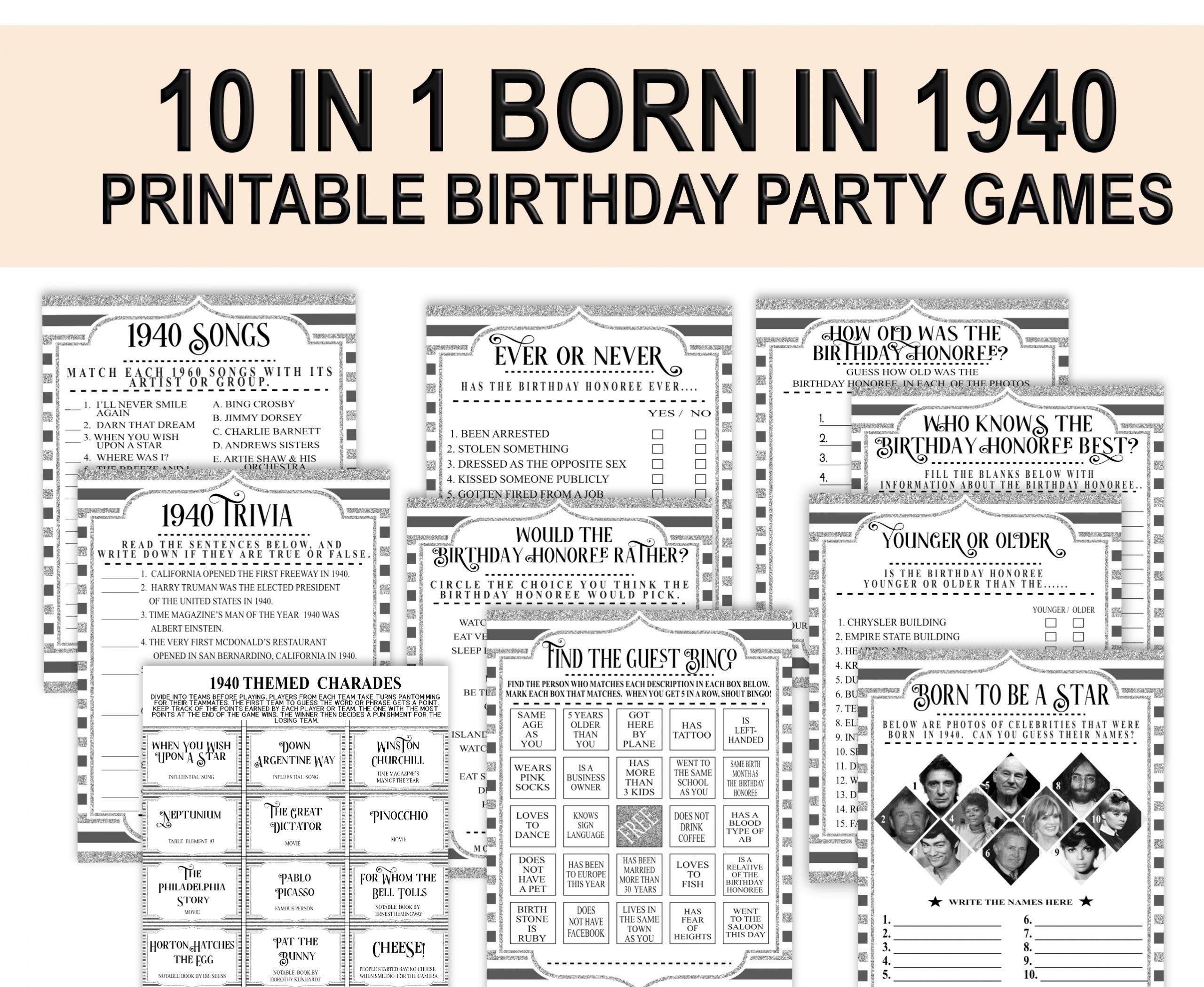 Birthday Games Born in 1940 birthday party games bundle 1940 Charades Game