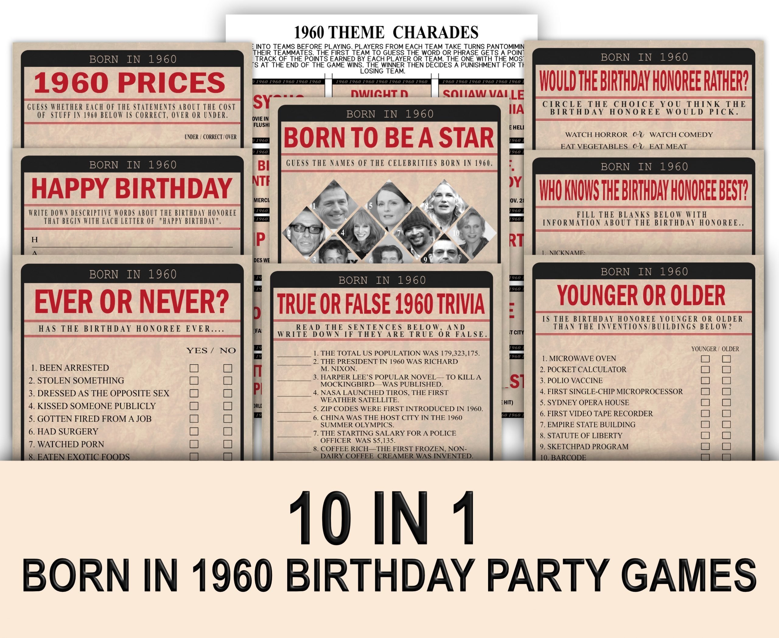 BIRTHDAY GAMES Born In 1960 Birthday Party Game Bundle Pack 1960 Birthday