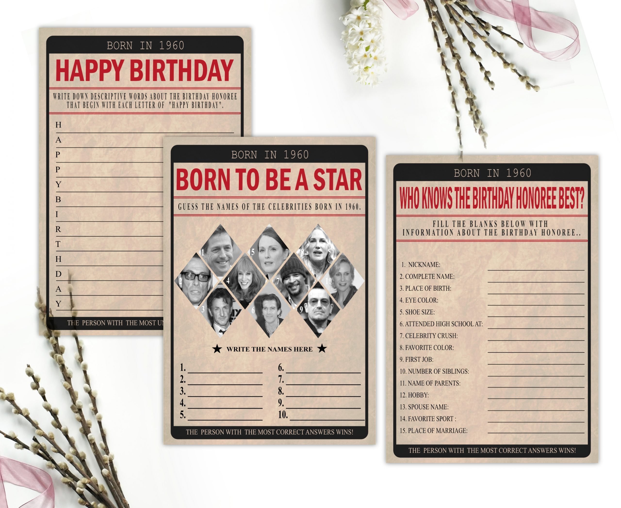 BIRTHDAY GAMES Born In 1980 Birthday Party Game Bundle Pack 1980 famous songs
