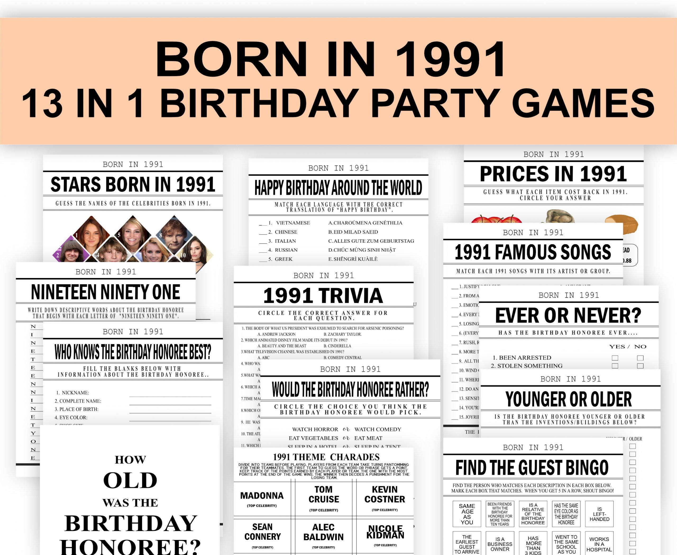 Birthday Games BORN IN 1991 GAMES Birthday Party For Men and women 1991 Charades