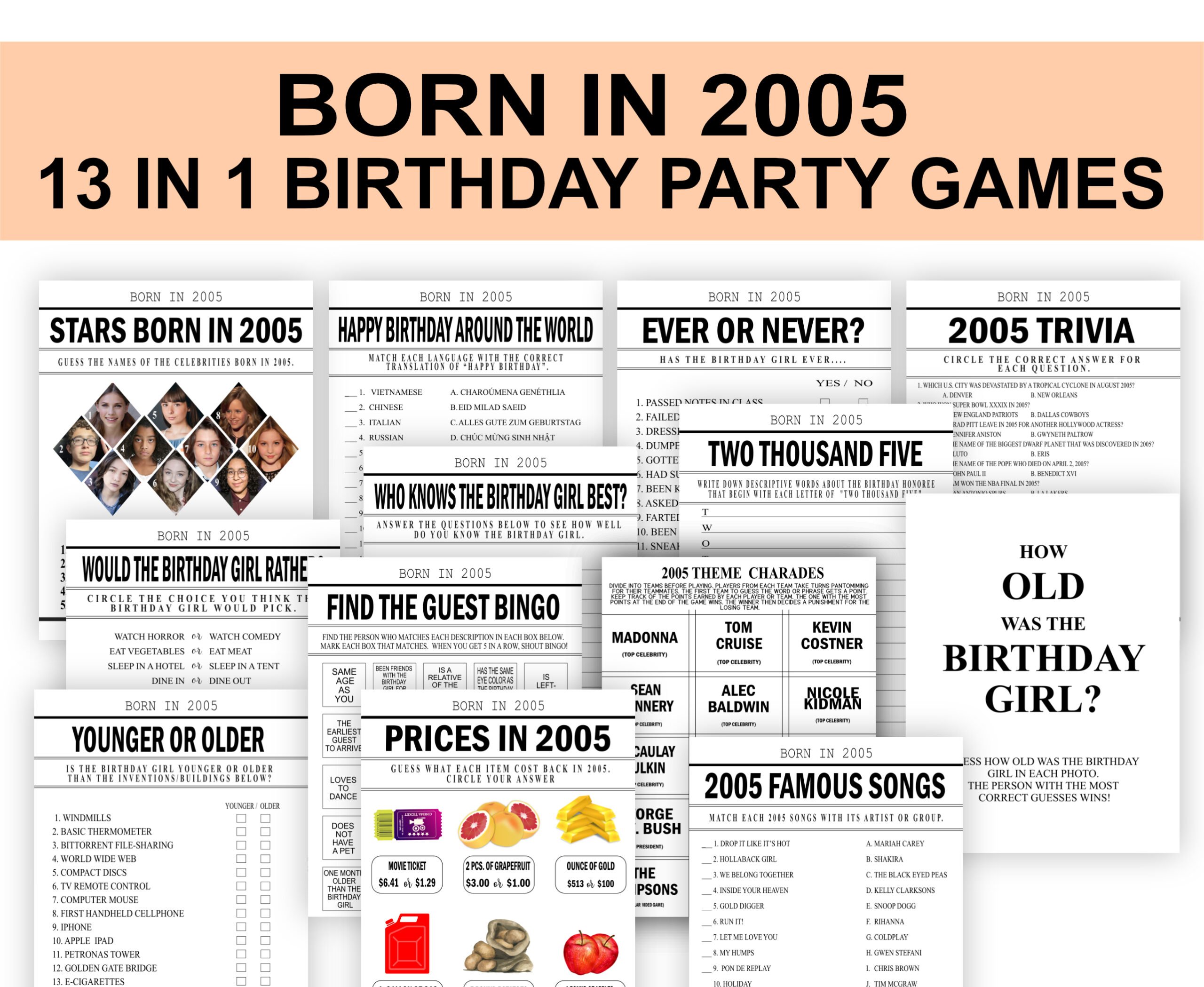 Birthday Games 13-1 BORN IN 2005 GAME BUNDLE – GIRL 16th Birthday Party Games