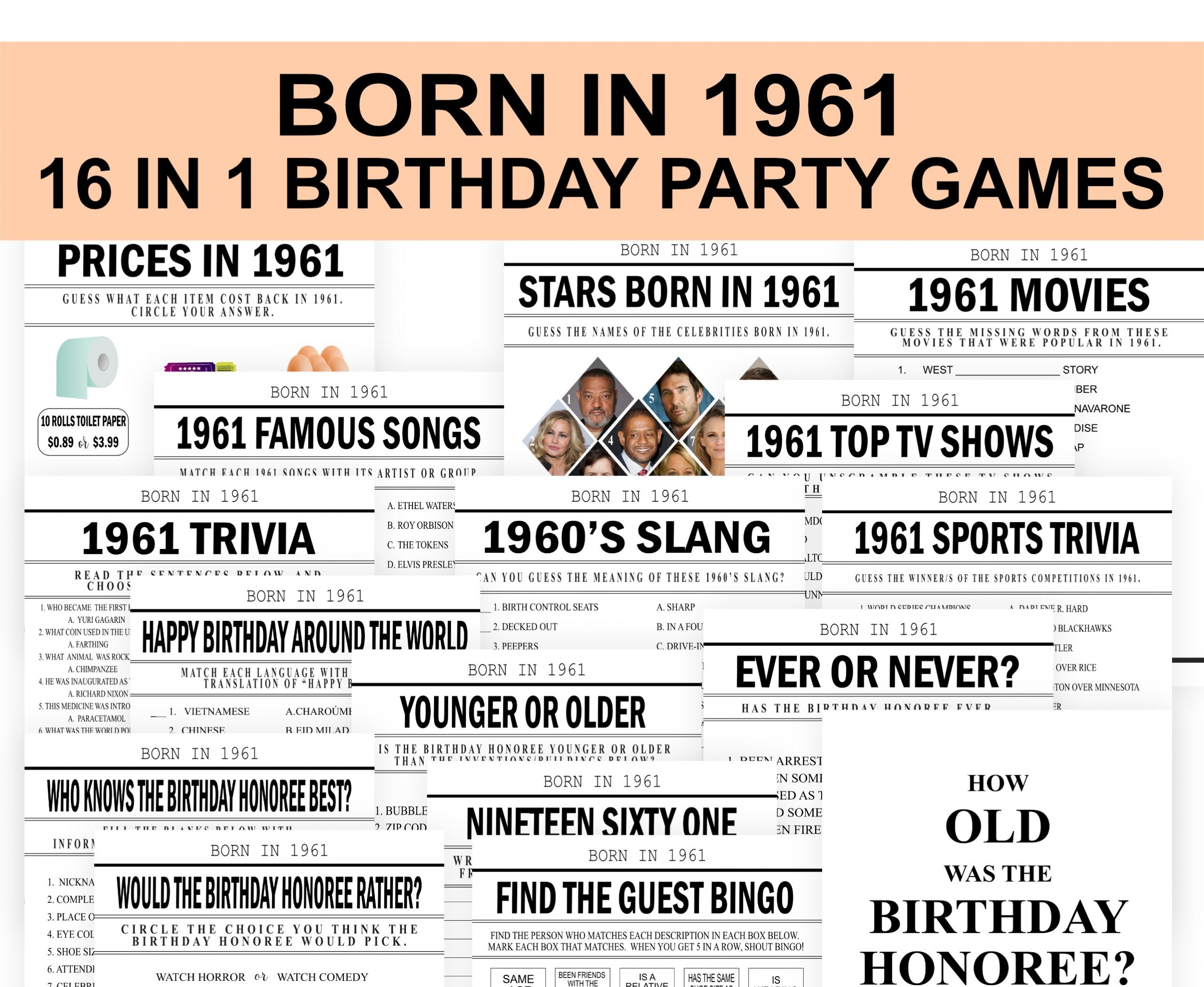 BIRTHDAY GAMES BORN IN 1961 GAMES PRINTABLE- BUNDLE PACK 1961 Theme Birthday