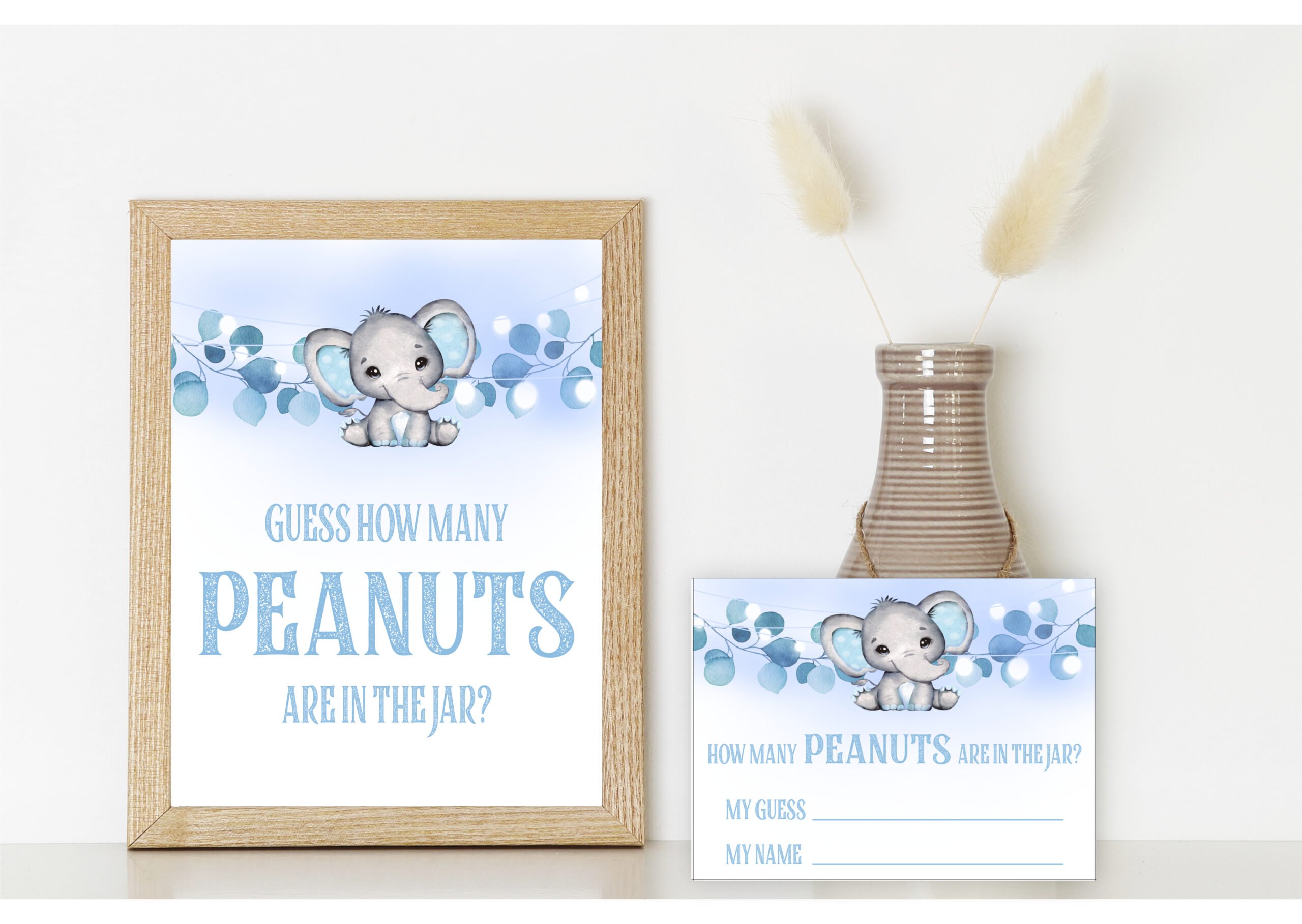 Guess How Many Peanuts Digtial File Printable Instant Download Baby Shower Game Elephant Baby Shower Sign  and  Game Cards