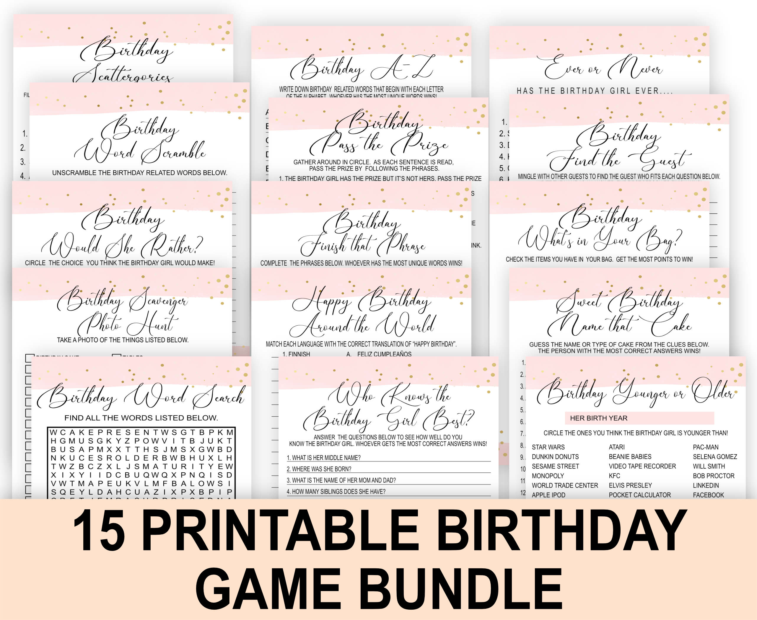 Birthday Games 15 PRINTABLE BIRTHDAY PARTY GAMES – PINK Adult Birthday