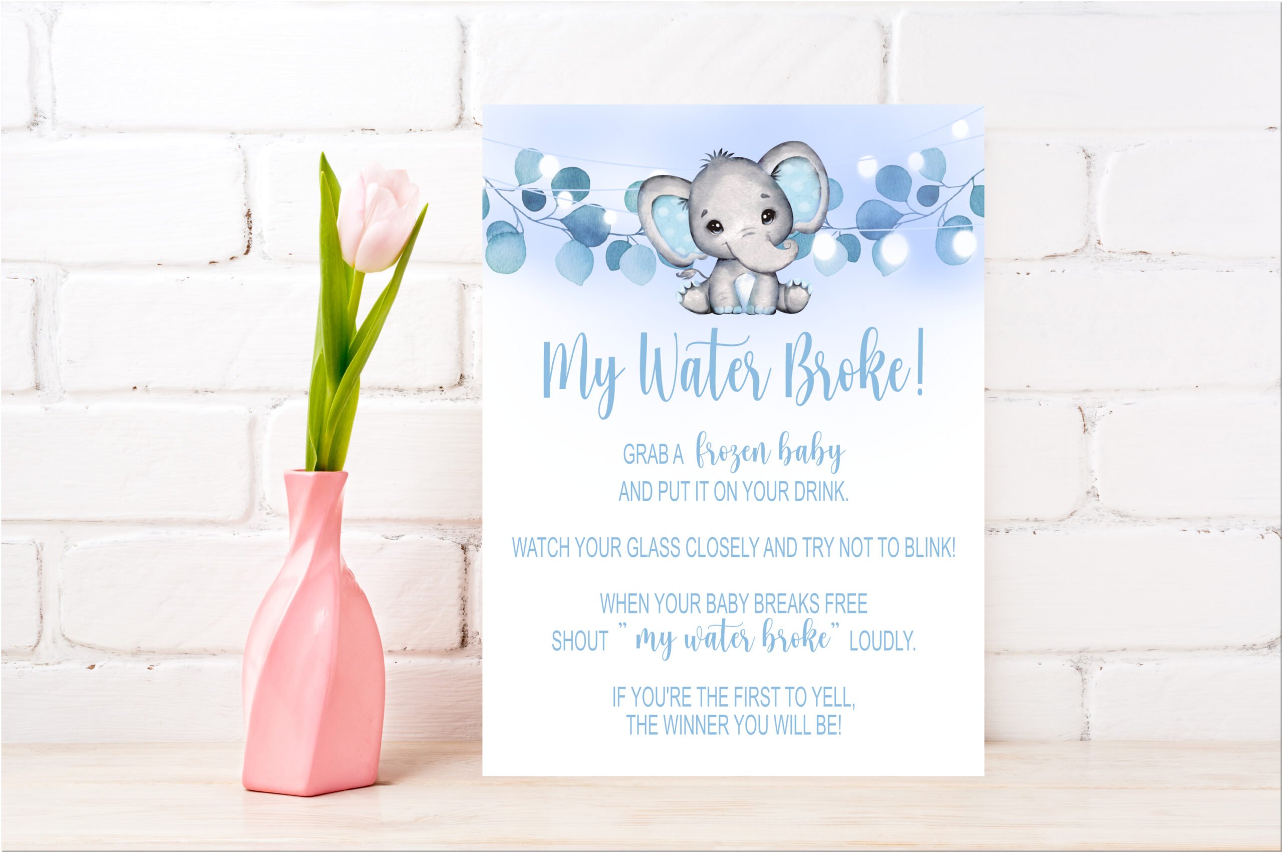 Baby Shower Games MY WATER BROKE GAME, BLUE ELEPHANT BOY THEME Baby Shower Game