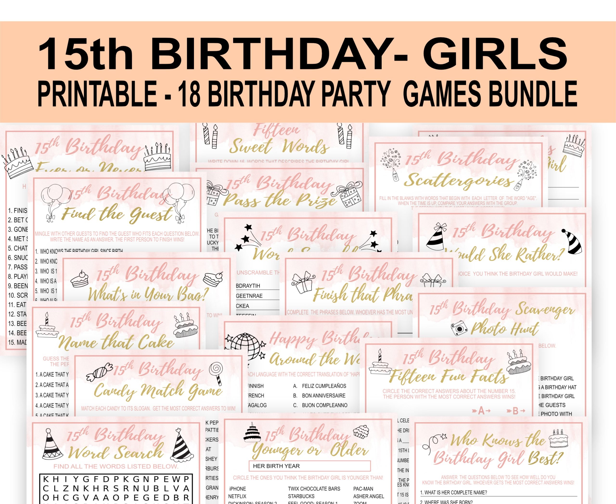 Birthday Games 15th Birthday Party Games for Girls, Rose Gold Blush Pink Quinceañera, PRINTABLE Bundle 15th Birthday Party Games for Girls