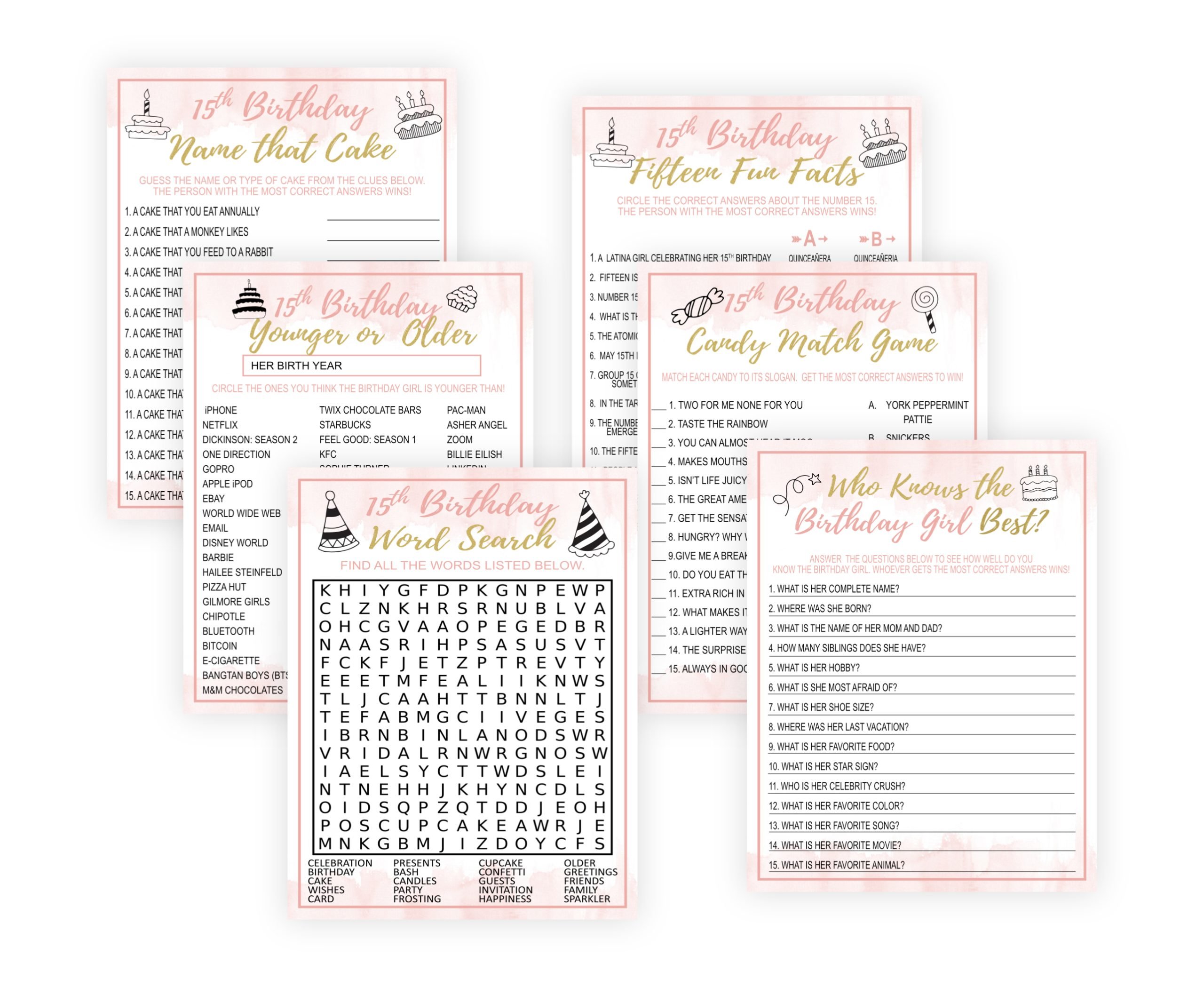 Birthday Games 15th Birthday Party Games for Girls, Rose Gold Blush Pink Quinceañera, PRINTABLE Bundle 15th Birthday Party Games for Girls