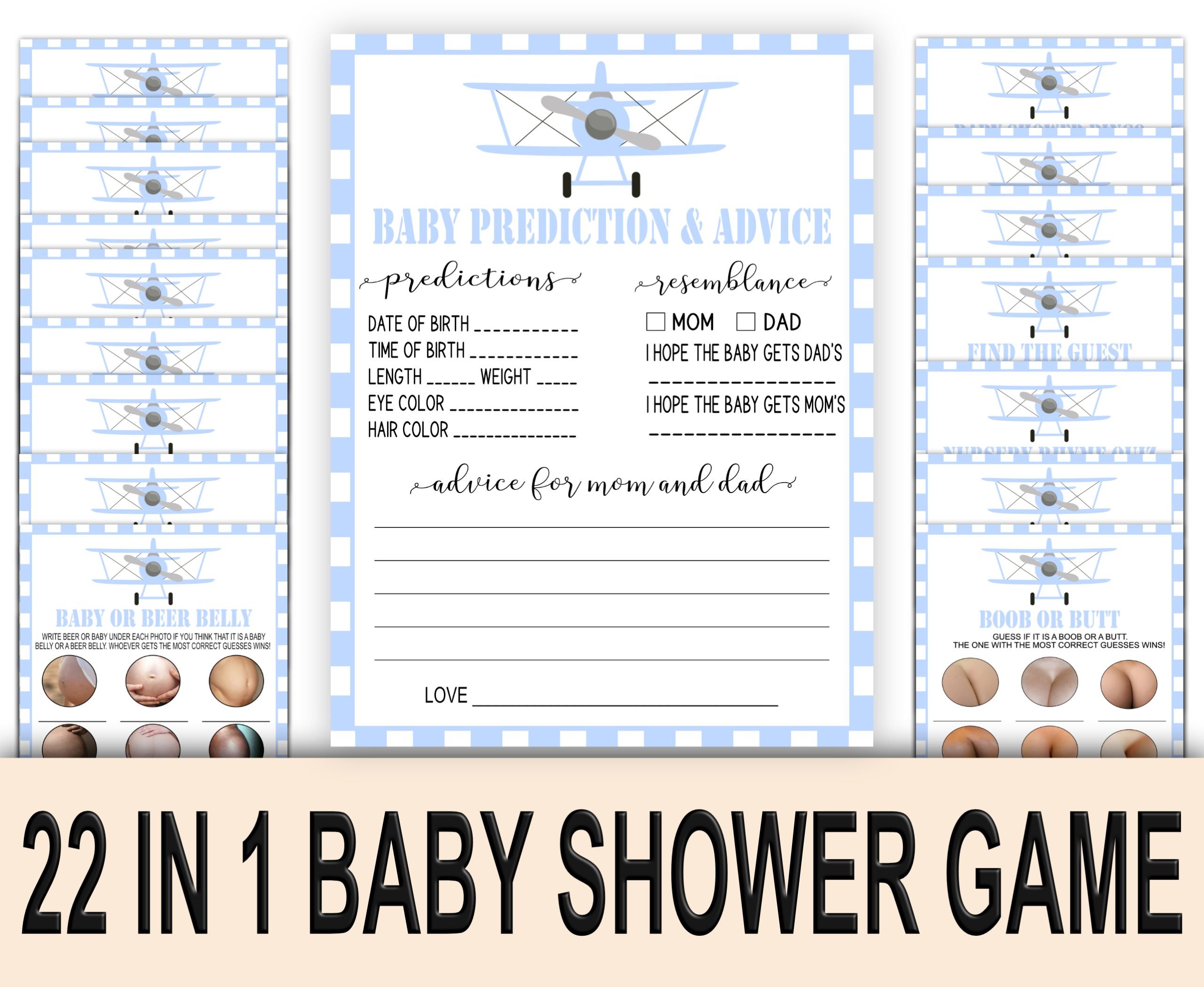 Baby Shower Games Adventure in the Skies Baby Shower Game Bundle – Blue Airplane Theme Adventure Baby Shower Game