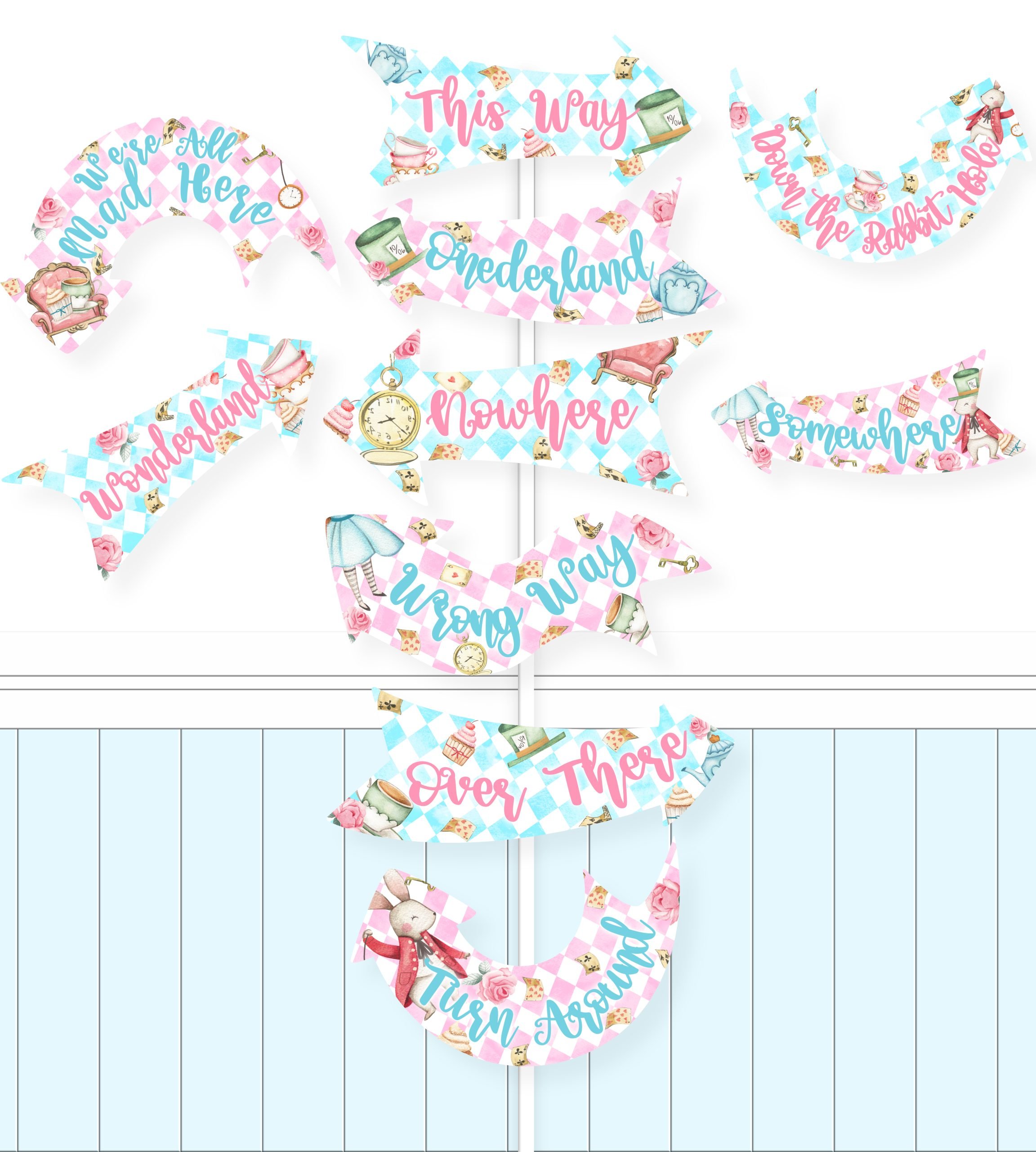 DECOR | SIGNS Alice Adventure in Wonderland Arrows Directions Sign Printable Alice in Onederland Birthday Party Pink Blue 1st Mad Tea Party Decor DIY 1st_Mad_Tea