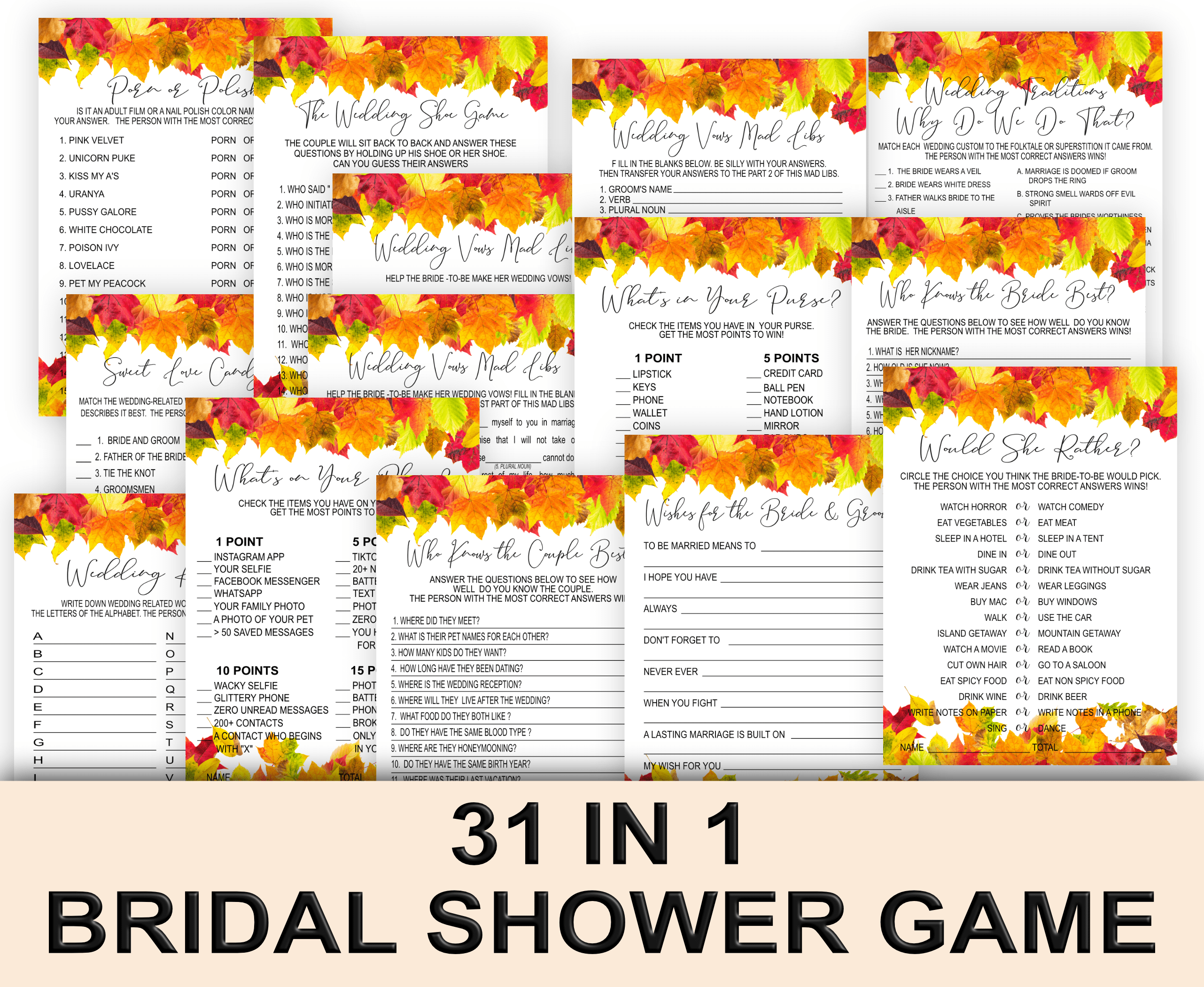 BRIDAL SHOWER Autumn Bridal Shower Games Bundle with 31 Fun and Festive Games Printable Affordable bridal shower games