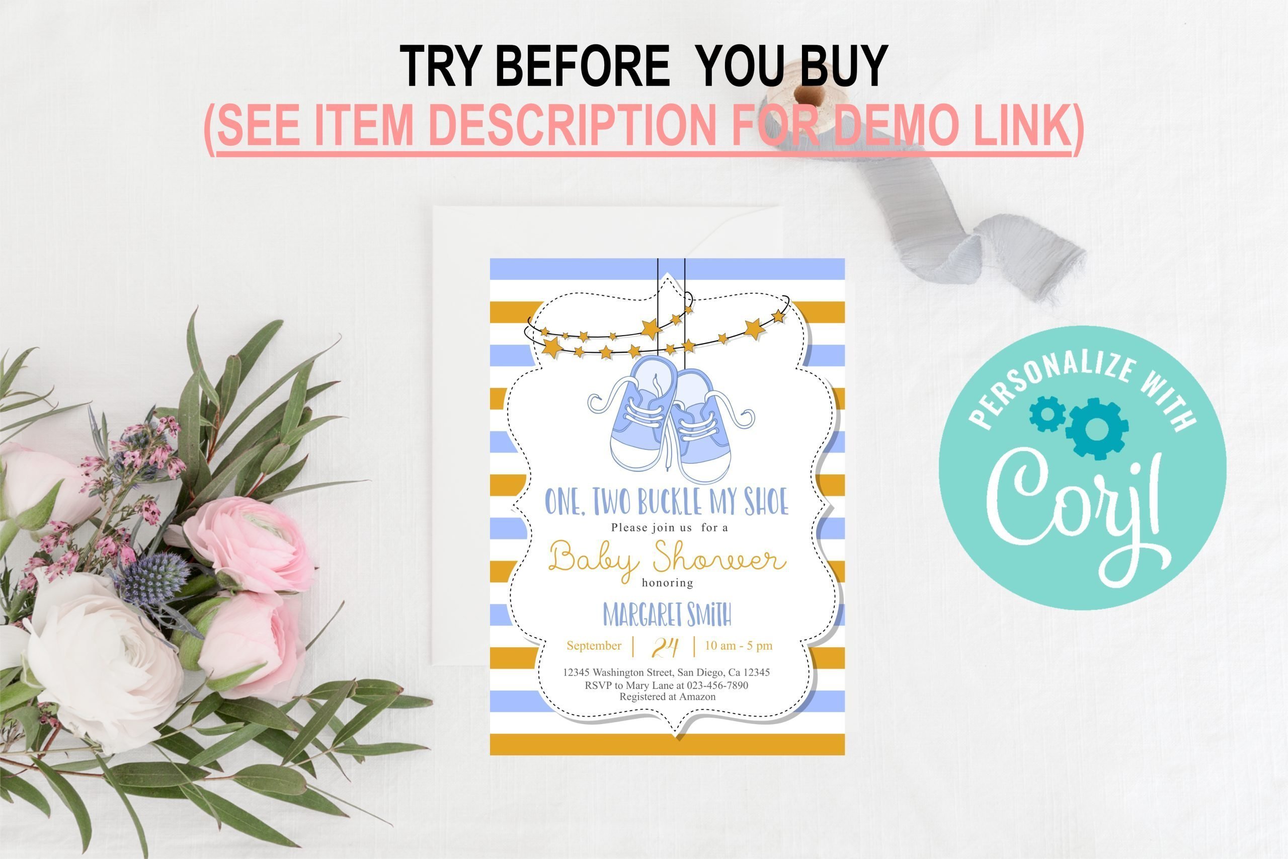 BABY SHOWER Editable Blue Shoes Baby Shower Invitation, Printable Corjl Template Baby Boy Shoes Baby Shower Invitation