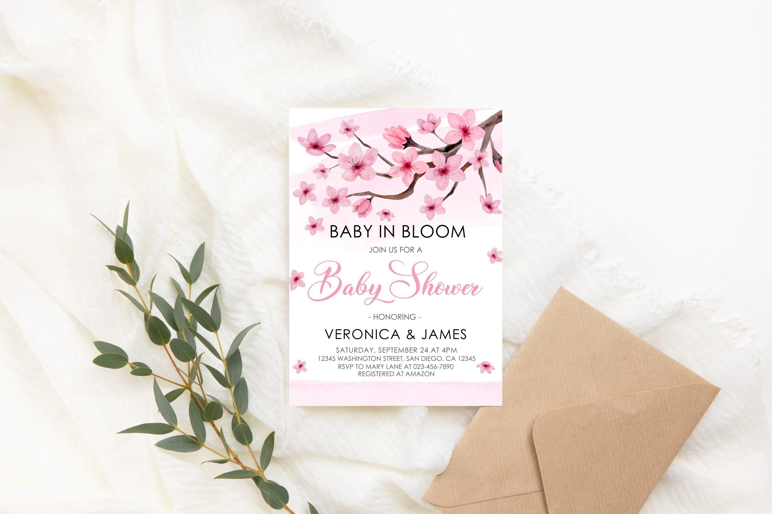 BABY SHOWER Editable Cherry Blossom Baby Shower Invitation, Spring Sakura Bloom Invite, Pink Floral Invitation, Japanese Flower 5x7 inches Invitation Size