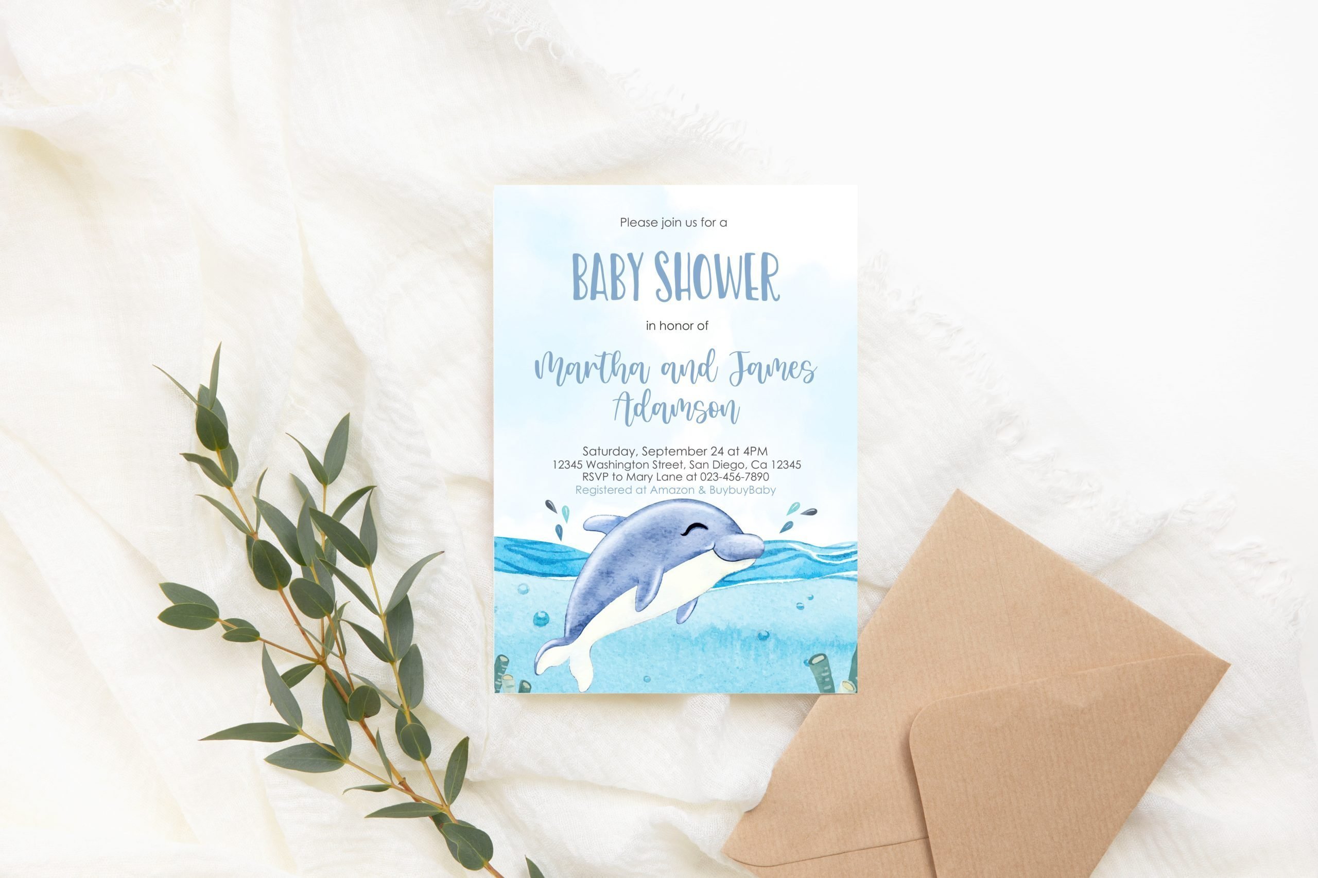Baby Shower Invitation / Set Editable Dolphin Baby Shower Invitation, Blue Dolphin Sea Ocean Invite baby shower party