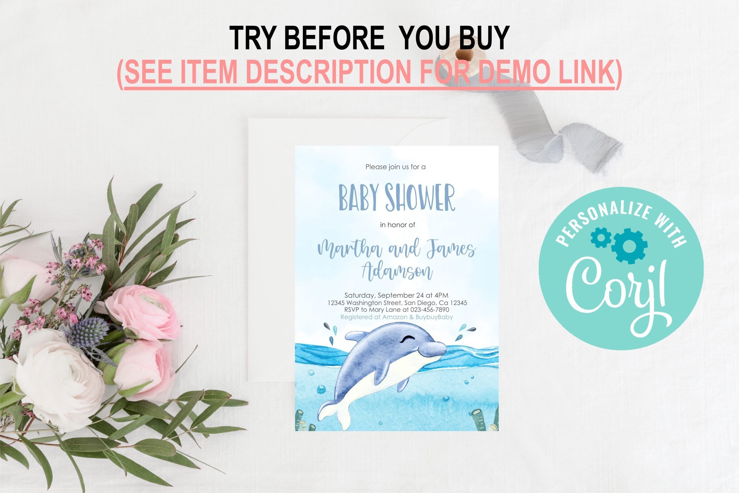 Baby Shower Invitation / Set Editable Dolphin Baby Shower Invitation, Blue Dolphin Sea Ocean Invite baby shower party