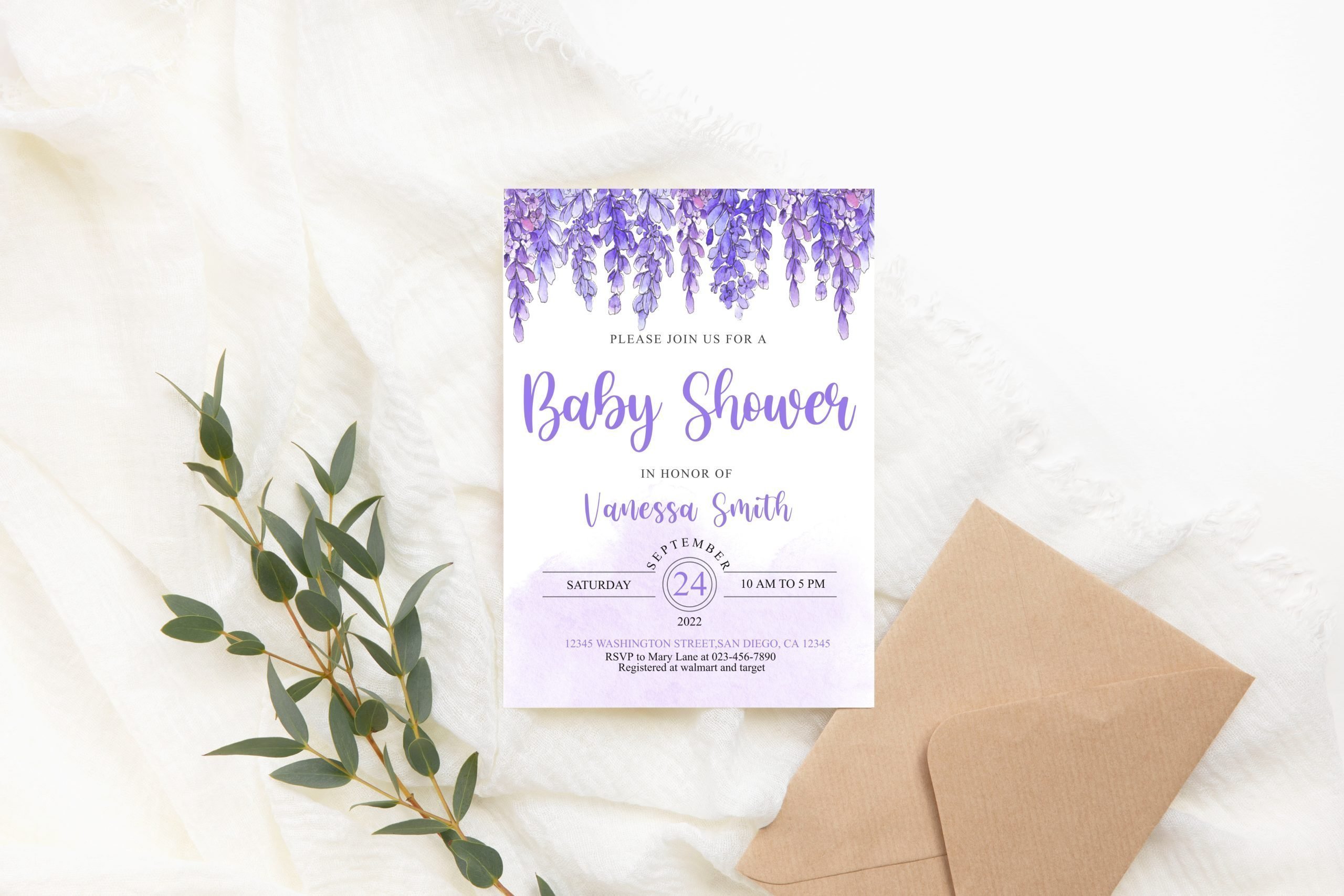 Baby Shower Invitation / Set Editable Lavender Baby Shower Invitation, Purple Floral Design, PRINTABLE 5x7 Size