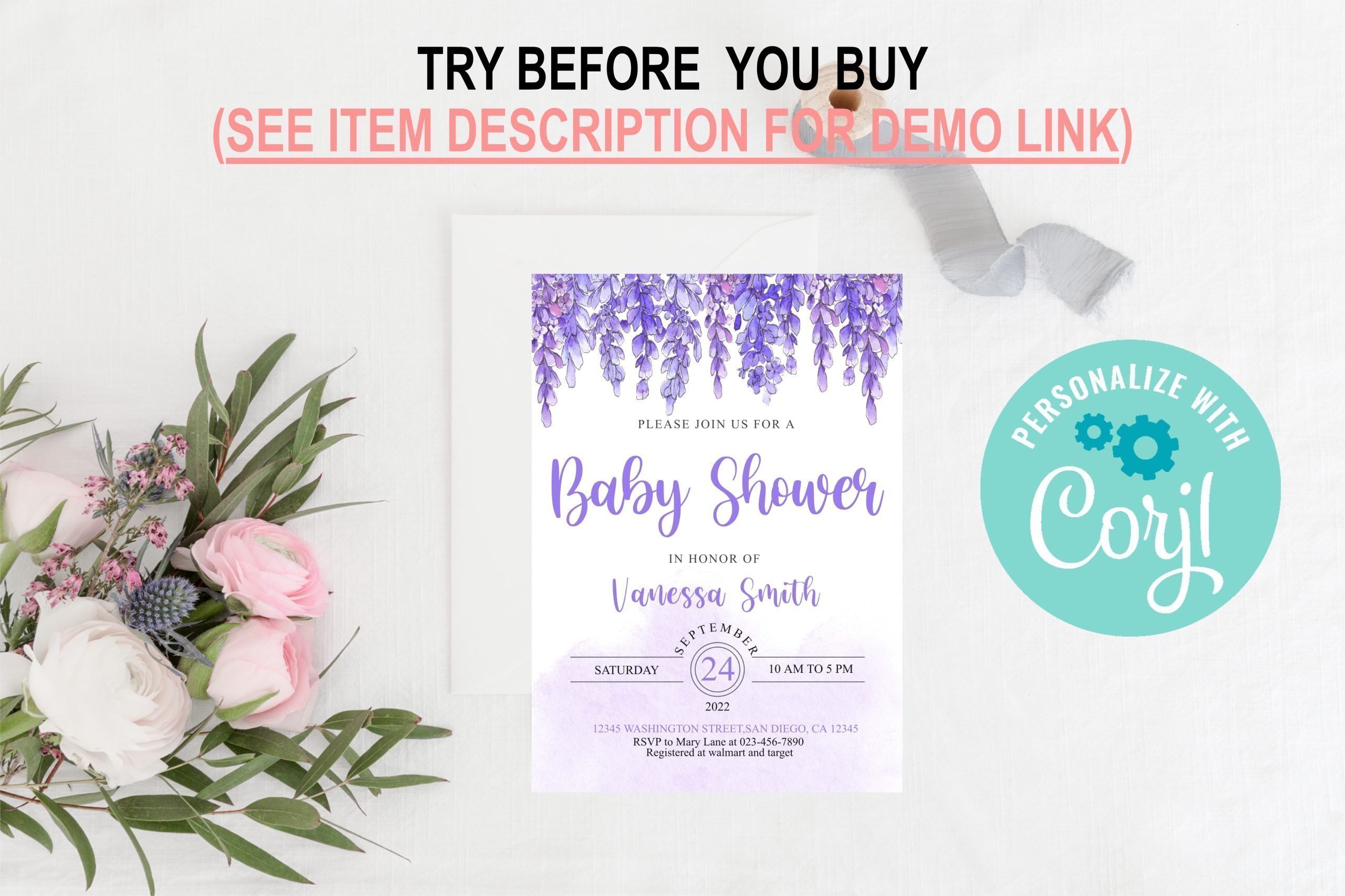 Baby Shower Invitation / Set Editable Lavender Baby Shower Invitation, Purple Floral Design, PRINTABLE 5x7 Size