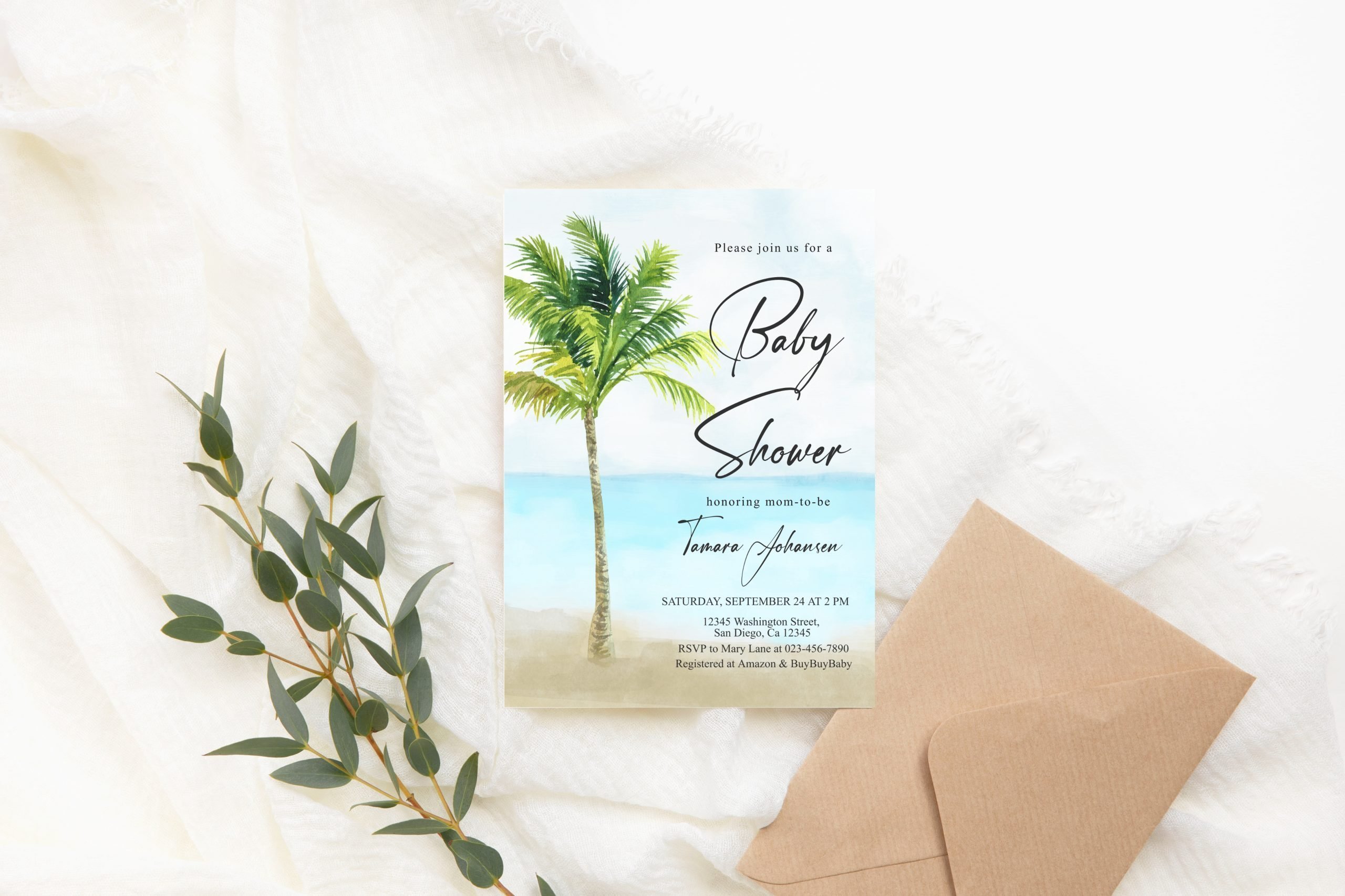 Baby Shower Invitation / Set Editable Palm Baby Shower Invitation – Tropical Beach Theme 5x7 Invitation Size