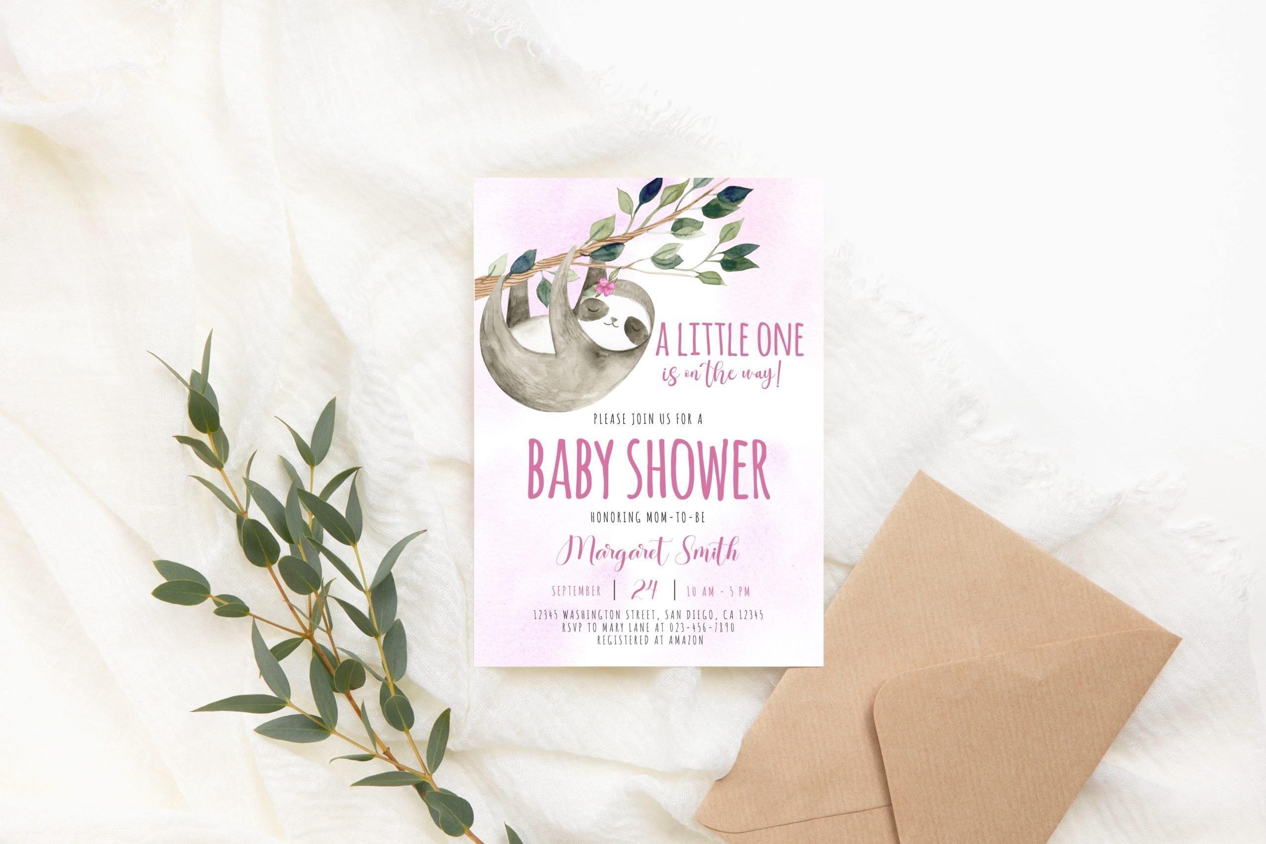 BABY SHOWER Editable Cute Pink Sloth Baby Shower Invitation, Girl Sloth Baby Shower Party Invite Corjl Template Adorable sloth baby shower invitation