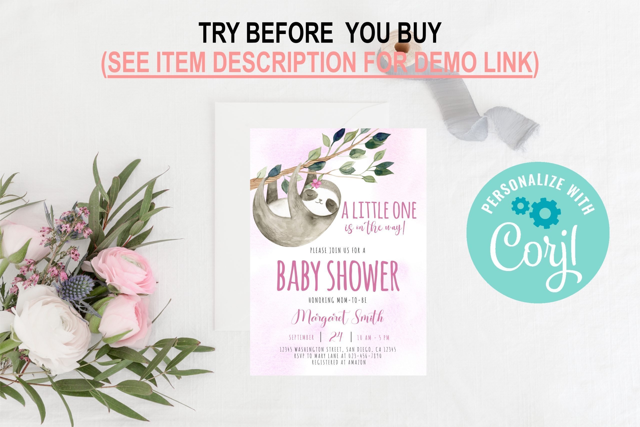 BABY SHOWER Editable Cute Pink Sloth Baby Shower Invitation, Girl Sloth Baby Shower Party Invite Corjl Template Adorable sloth baby shower invitation