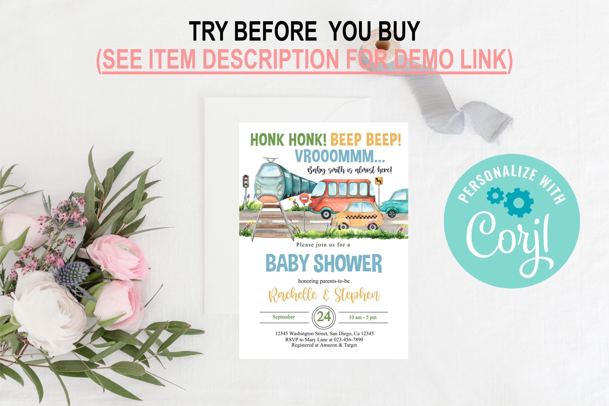 BABY SHOWER Editable Transportation Baby Shower Invitation Vehicles Baby Shower Invite Train Car Bus template 5x7" paper size