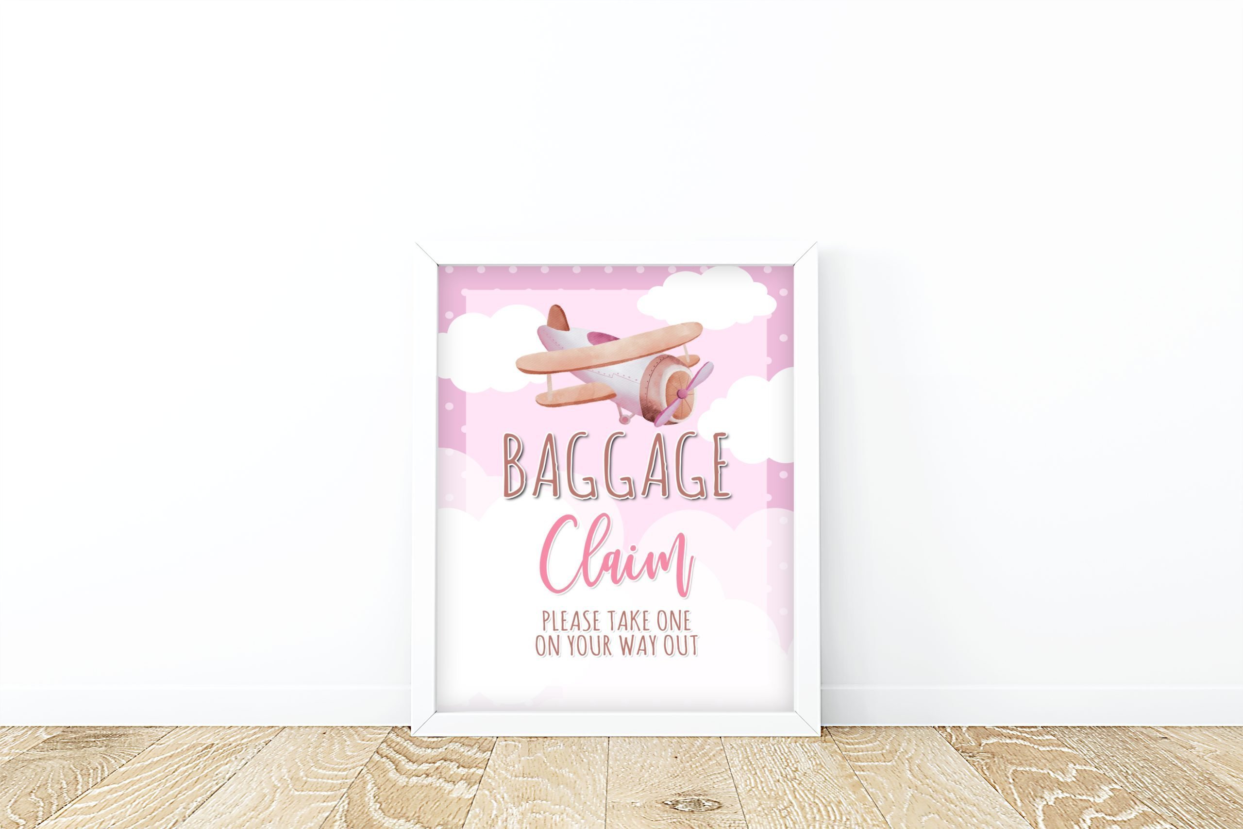 DECOR | SIGNS Baggage Claim Sign Party Favors | Pink Airplane | Pink and White Clouds | Printable Download | 8×10″ 8x10 Sign