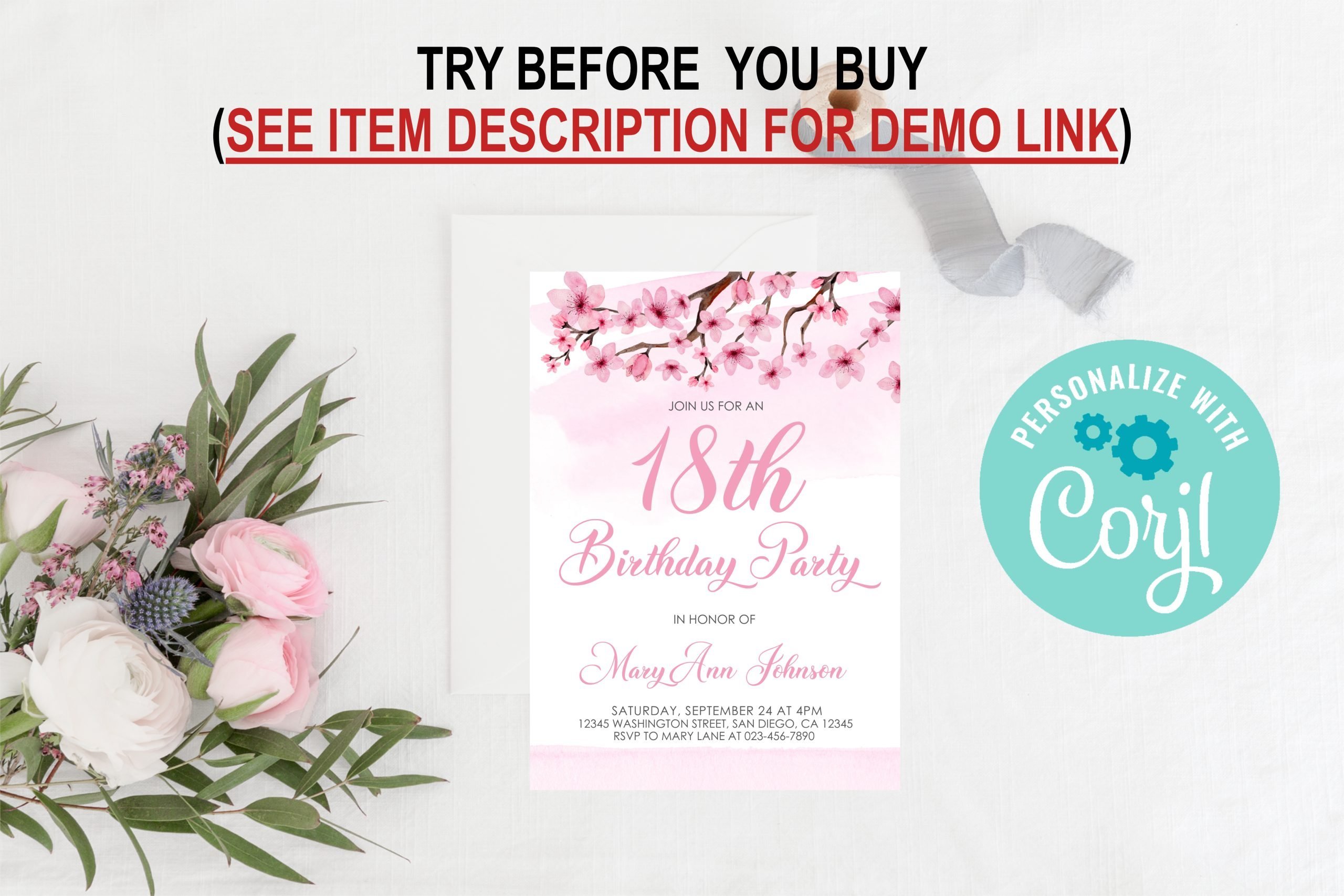 Birthday Invitations Editable Cherry Blossom Birthday Party Invitation – Sakura Bloom Pink Floral Invite – Japanese Flower Printable Template 5x7 Invitation Template