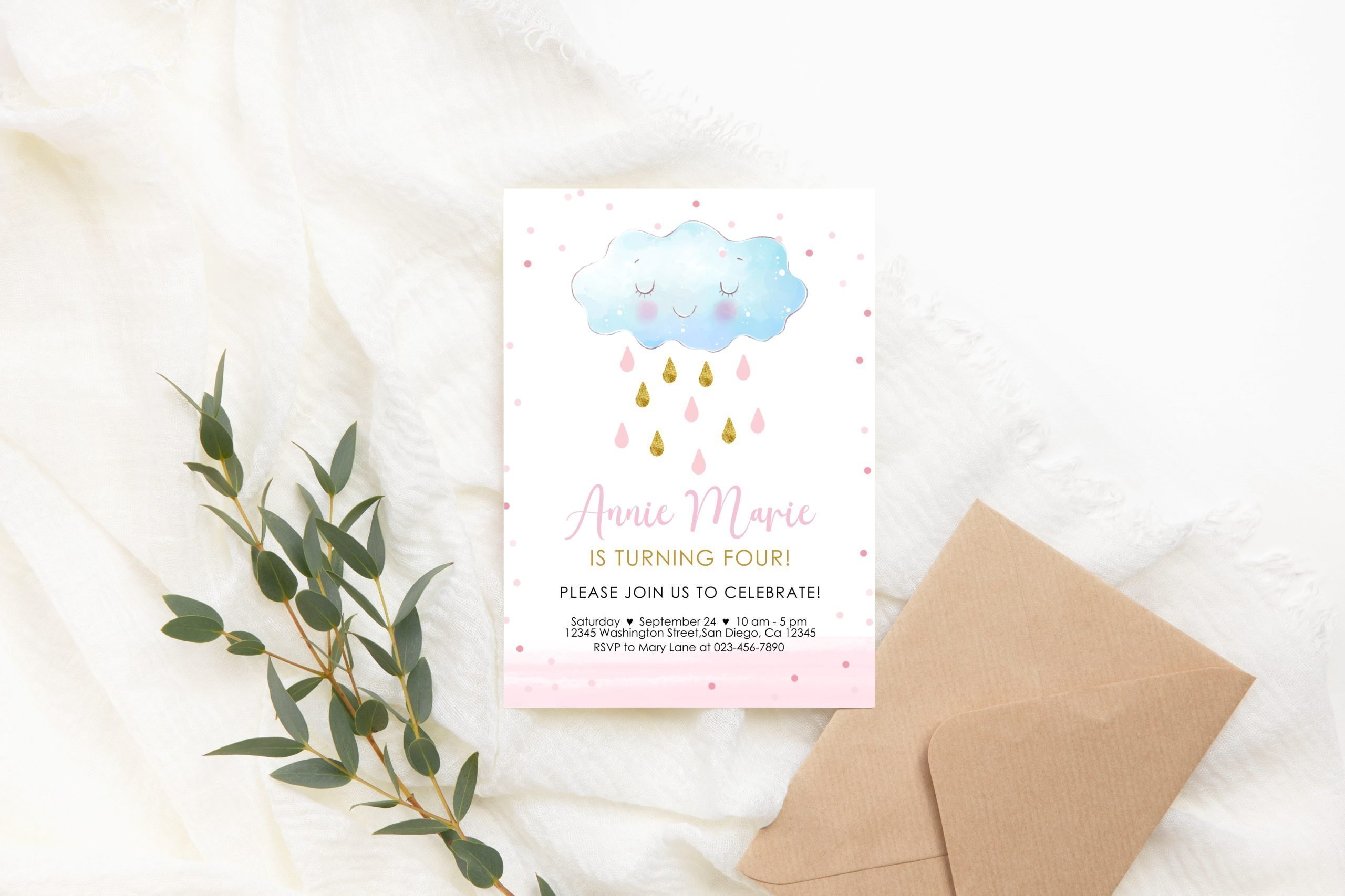 Birthday Invitations Editable Rain Cloud Birthday Invitation, Blue Pink Gold Raindrops, 5×7″ PRINTABLE, Corjl Template 5x7" PRINTABLE