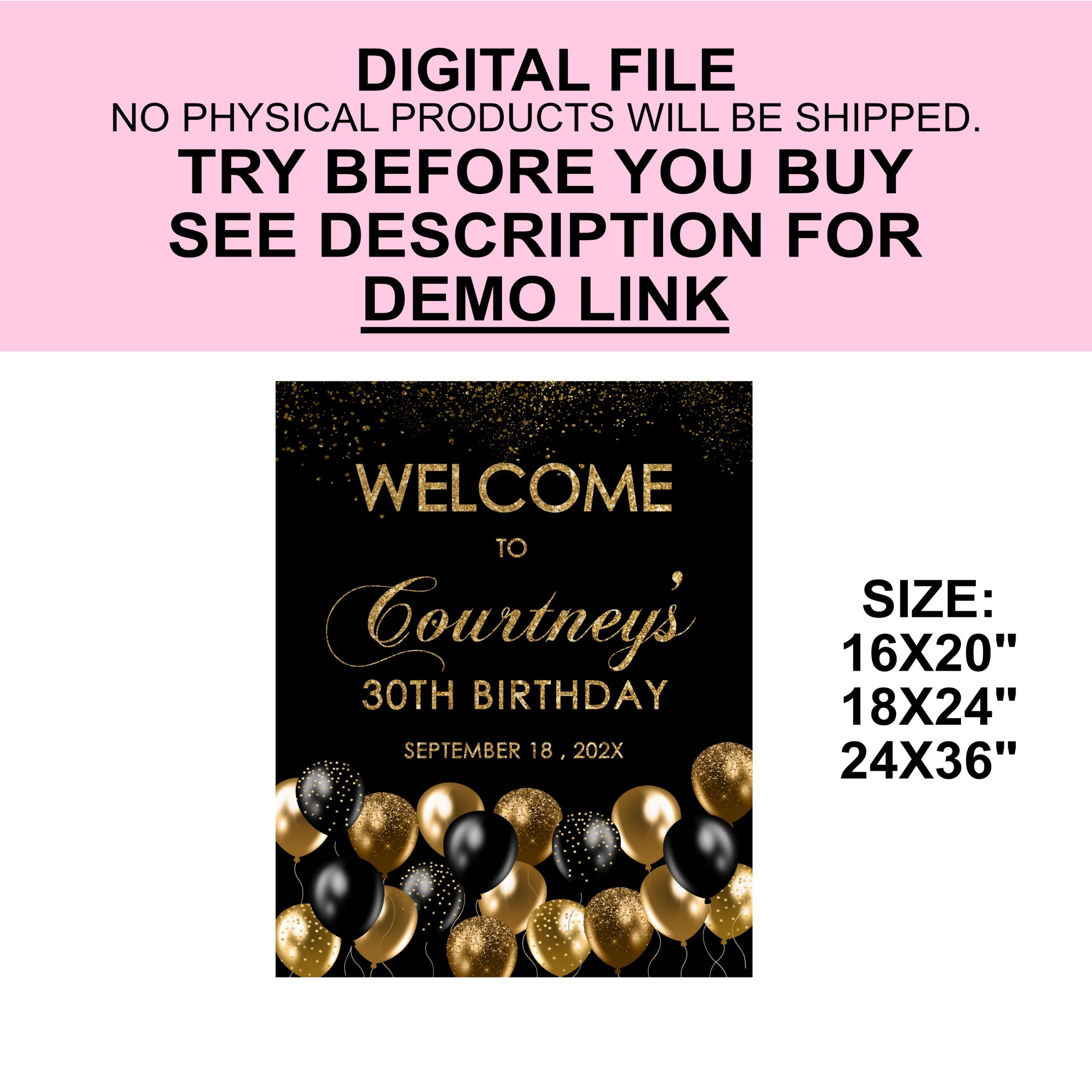 DECOR | SIGNS Editable Black Gold Welcome Sign Birthday Party Gold Balloons Welcome Sign – Corjl Template affordable party decor