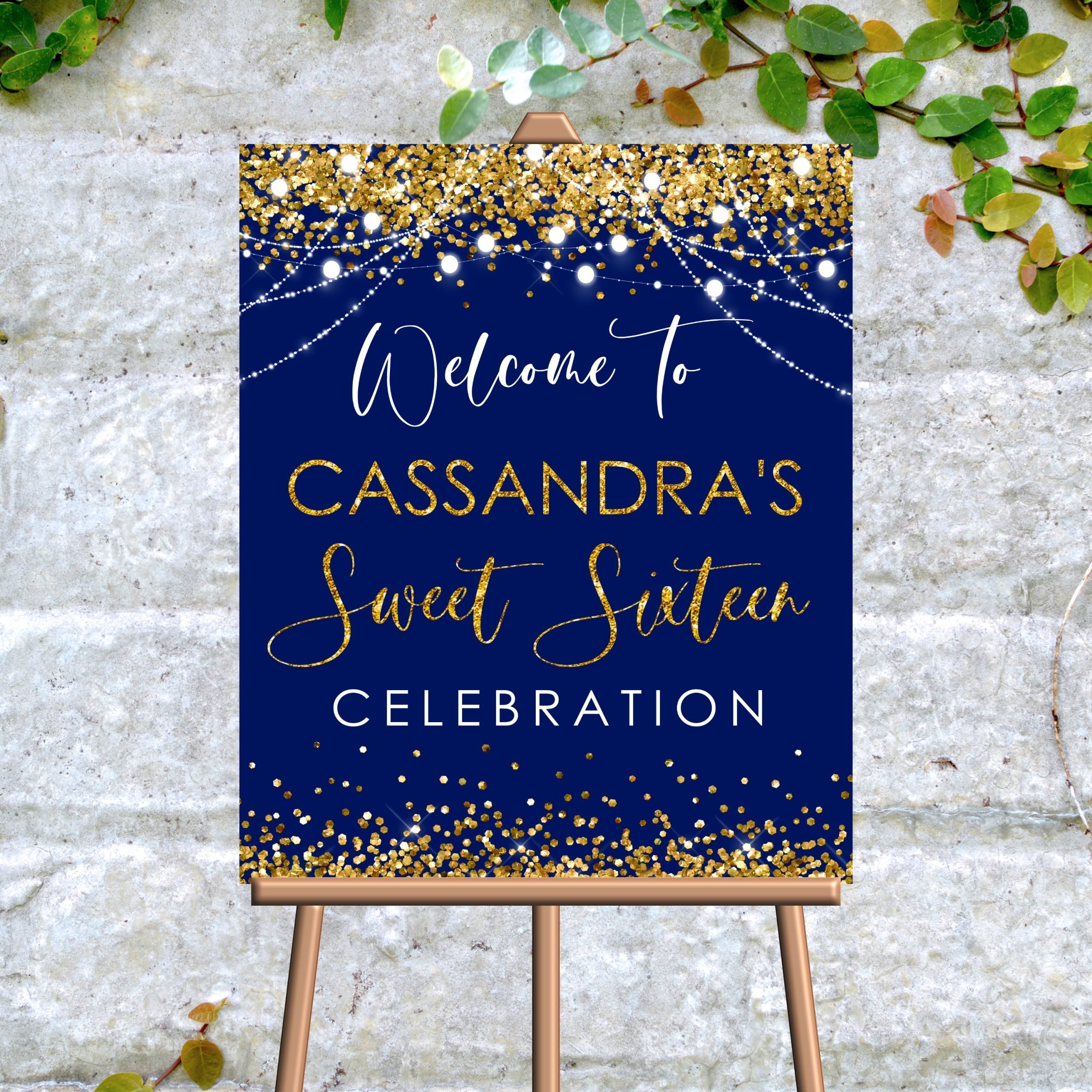 DECOR | SIGNS Editable Blue Gold Welcome Sign – Gold Glitter Birthday Party Decor