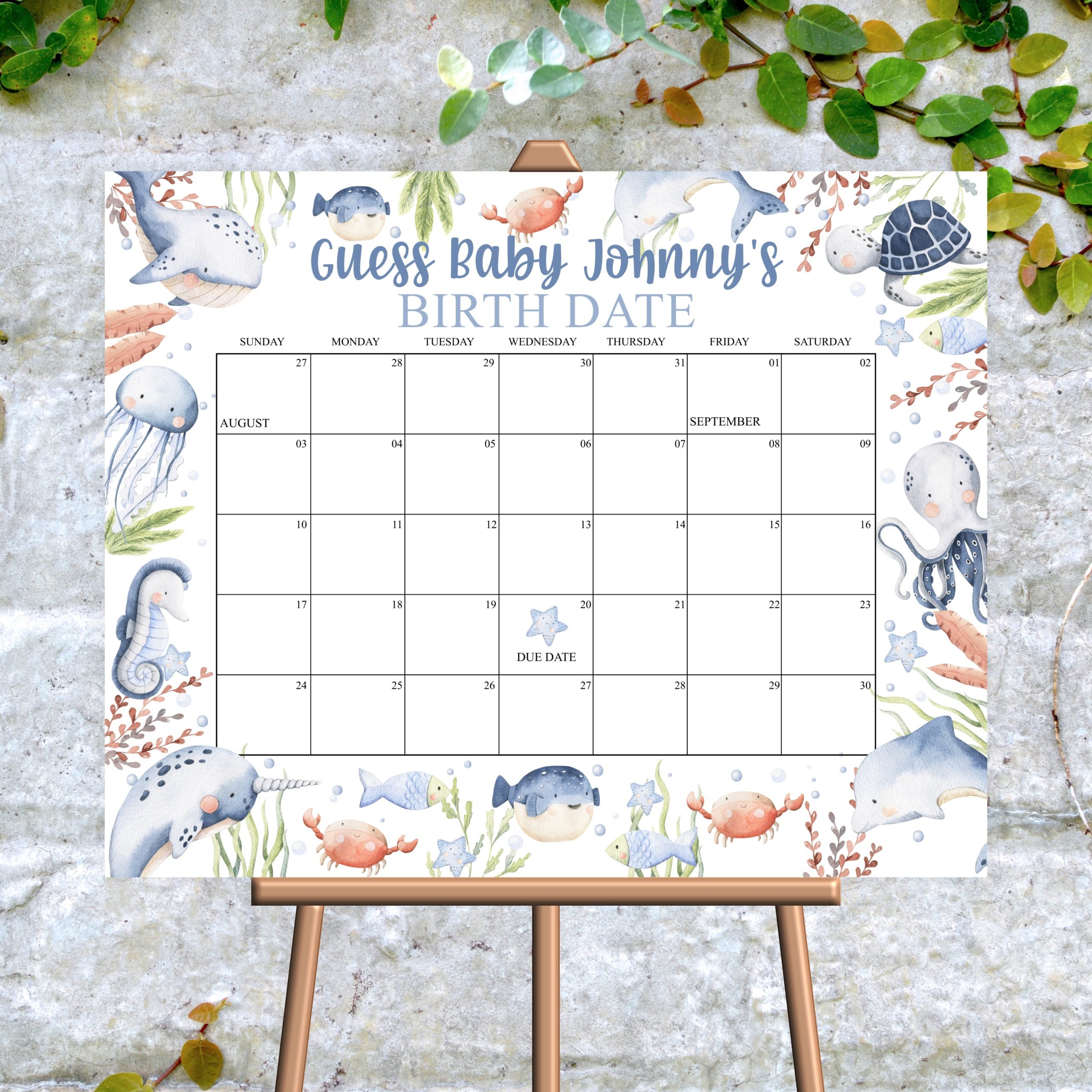 Baby Due Date Chart Game Editable Baby Due Date Calendar Game – Blue Boy Under the Sea Baby Shower Game Baby Shower Activity