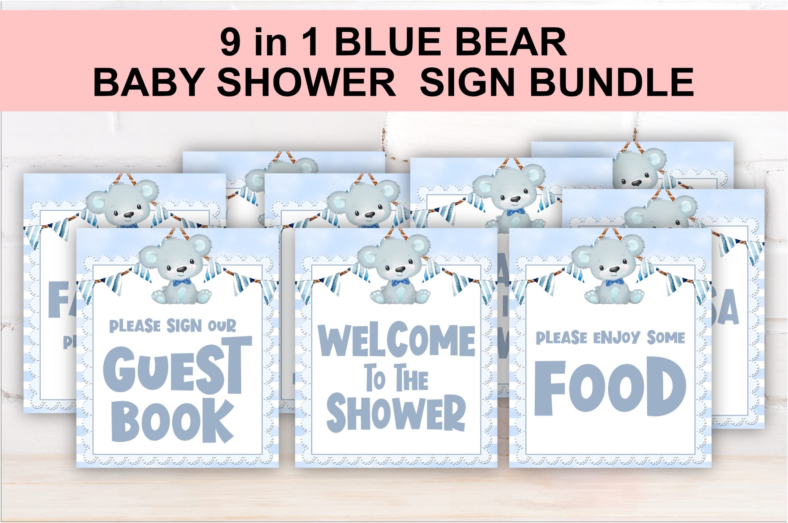 DECOR | SIGNS Blue Bear Baby Shower Signs Bundle, Baby Boy Table Decor, PRINTABLE 8x10 Size.
