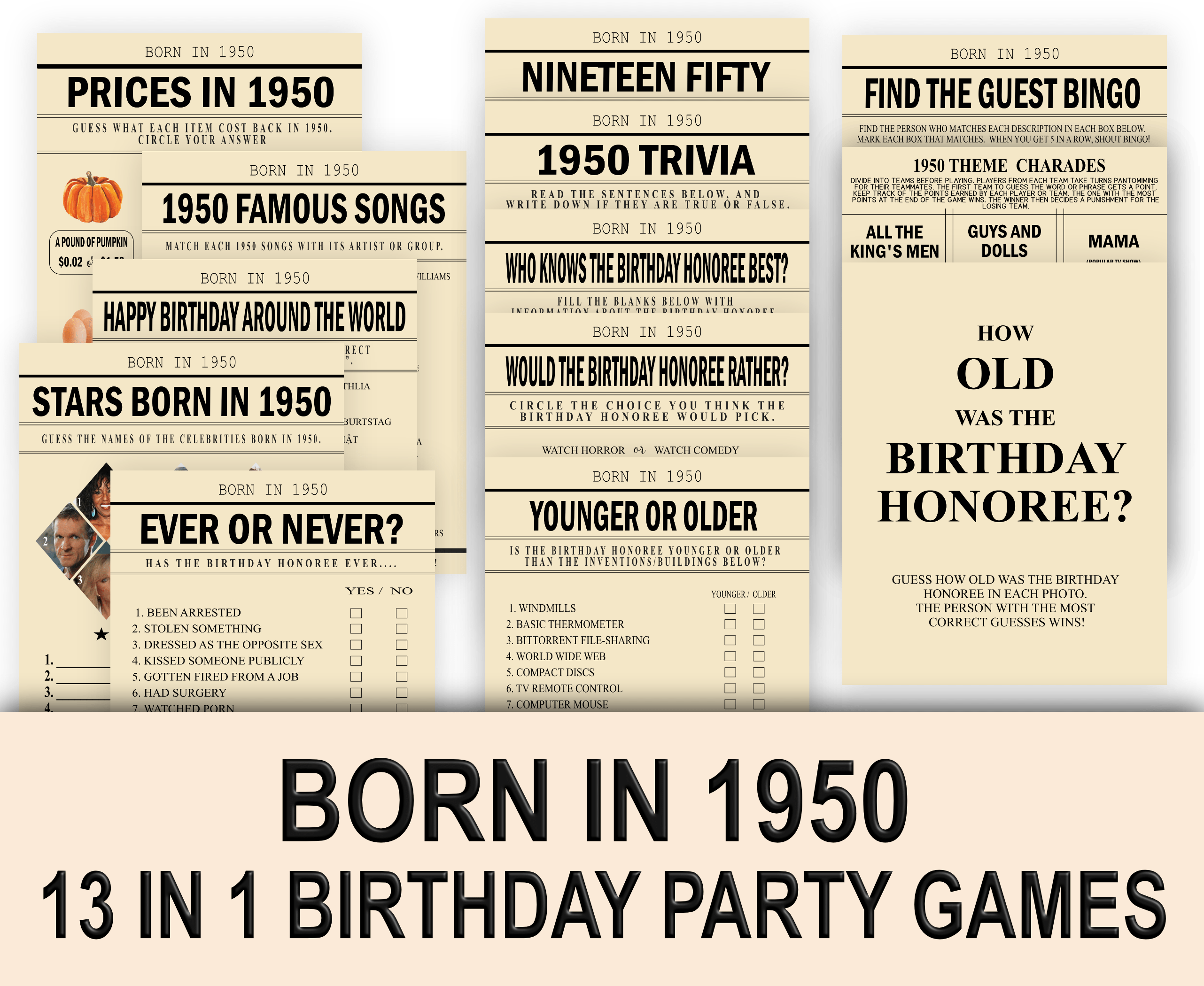 BIRTHDAY 72nd Birthday Party Games Printable Fun Birthday Game Bundle Born in 1950 Games : 72nd birthday