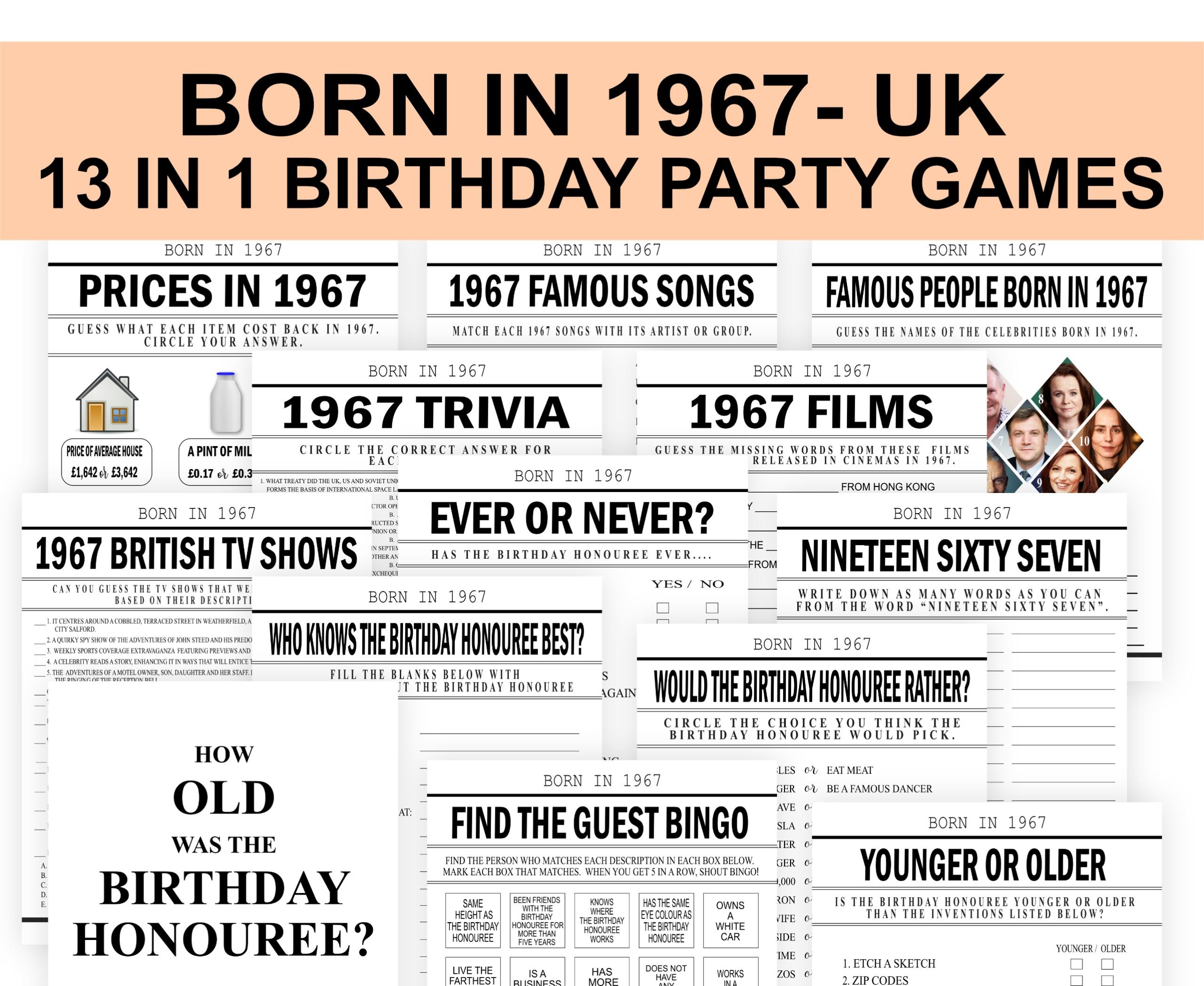 BIRTHDAY Born in 1967 Game Bundle , 56th Birthday Party Games Bundle, UK 1967 Trivia 56th Birthday Celebration