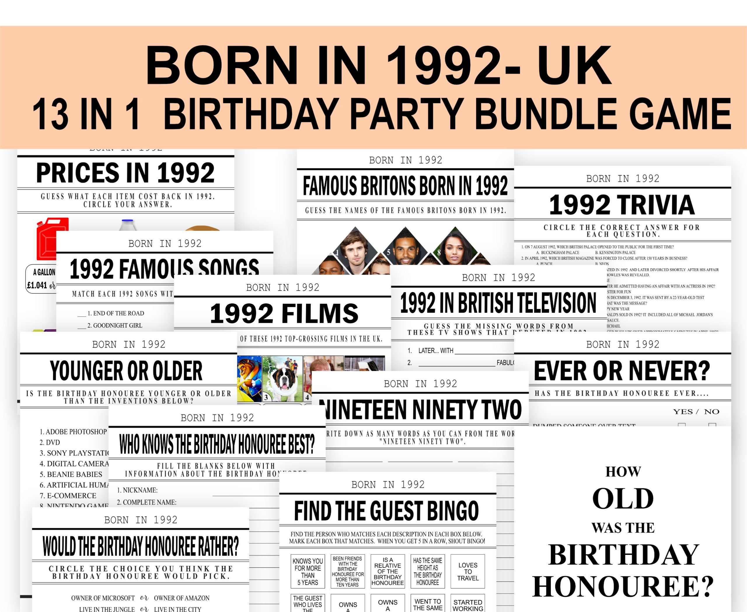 BIRTHDAY 31st Birthday Party Games Bundle – Born in 1992 Birthday Games UK British Trivia Fun – PRINTABLE Download 1992 Birthday Games