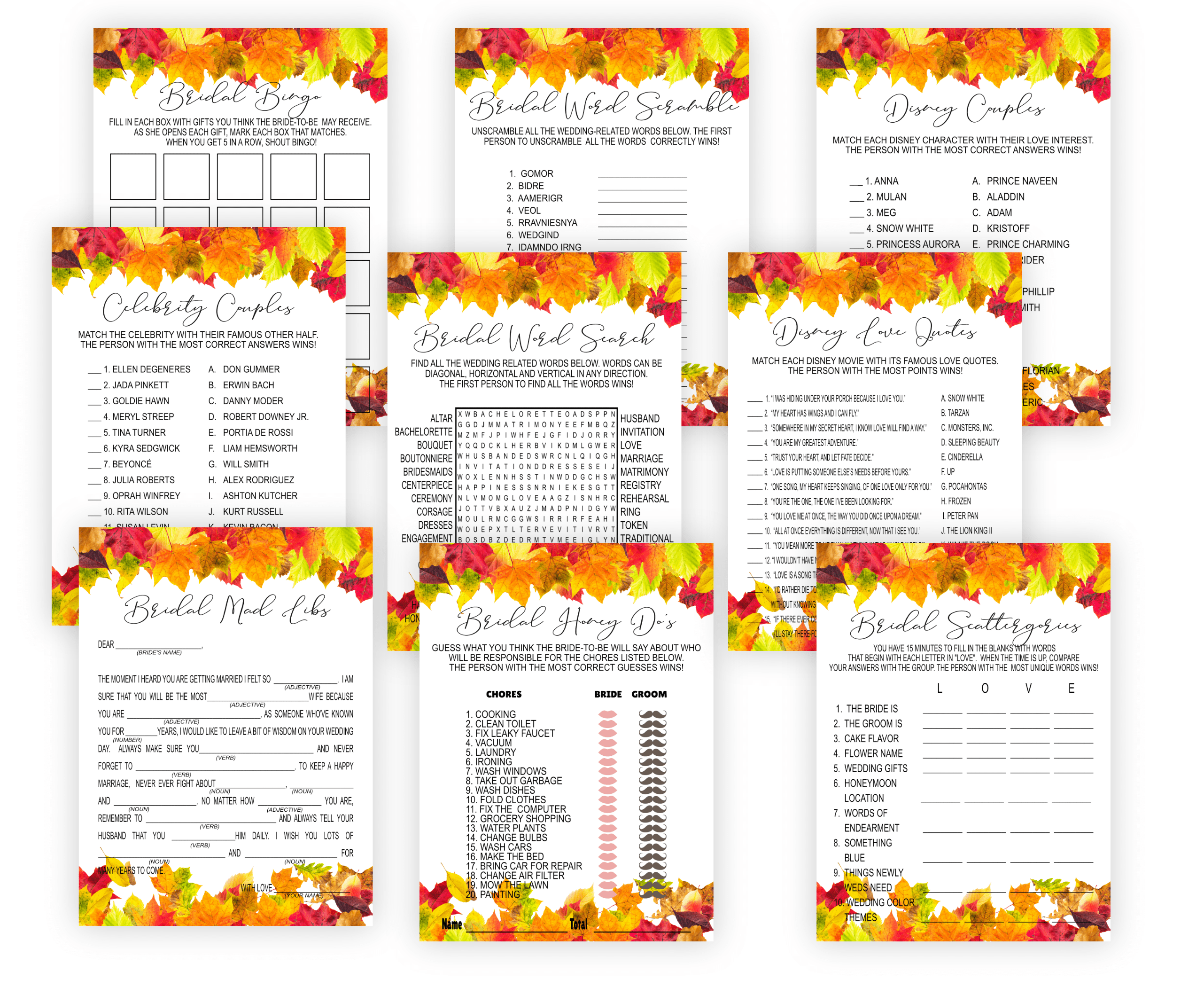 BRIDAL SHOWER Autumn Bridal Shower Games Bundle with 31 Fun and Festive Games Printable Affordable bridal shower games
