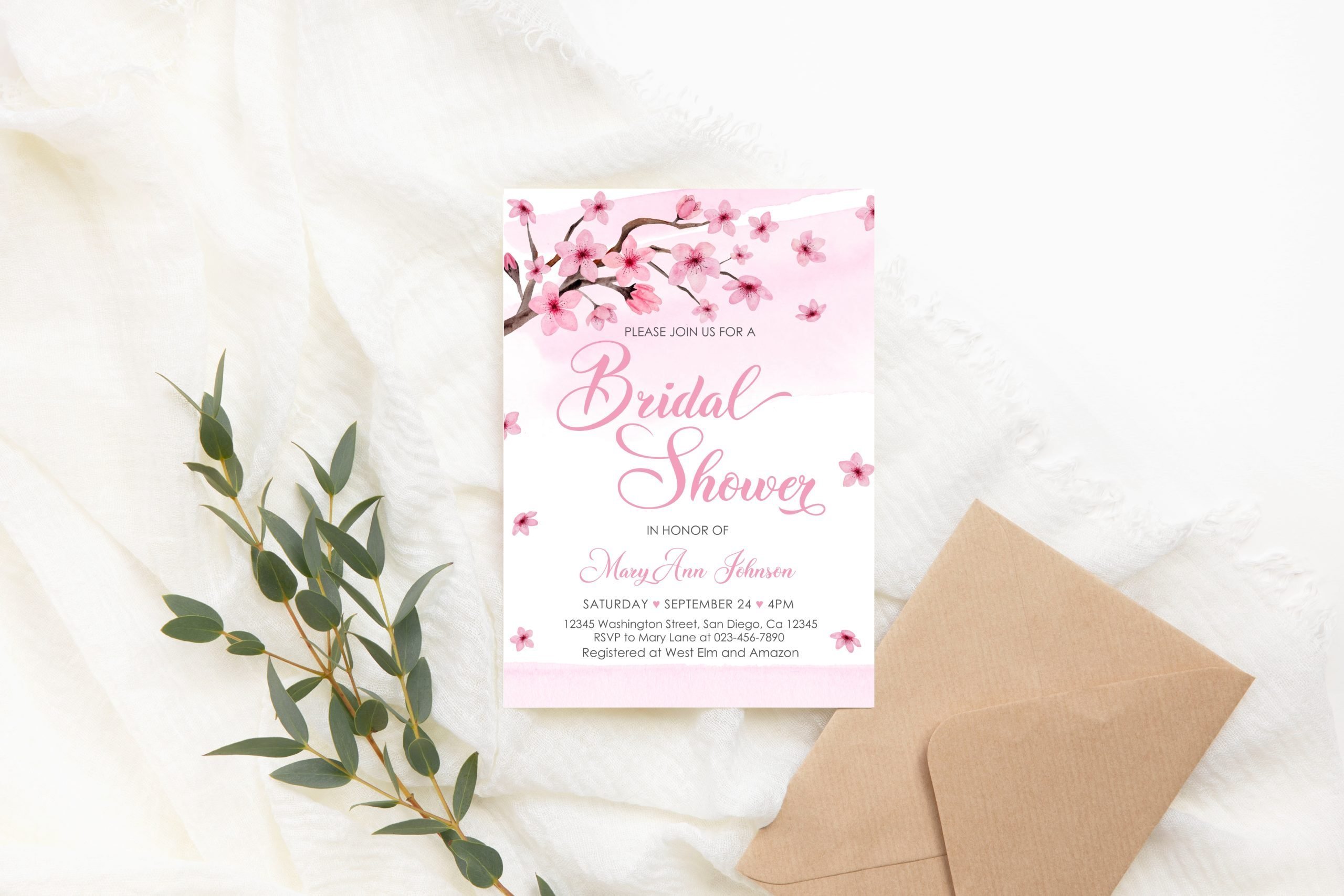 BRIDAL SHOWER Editable Cherry Blossom Bridal Shower Invitation – Pink Floral Invite – Japanese Flower – Corjl Template 5x7 Invitation