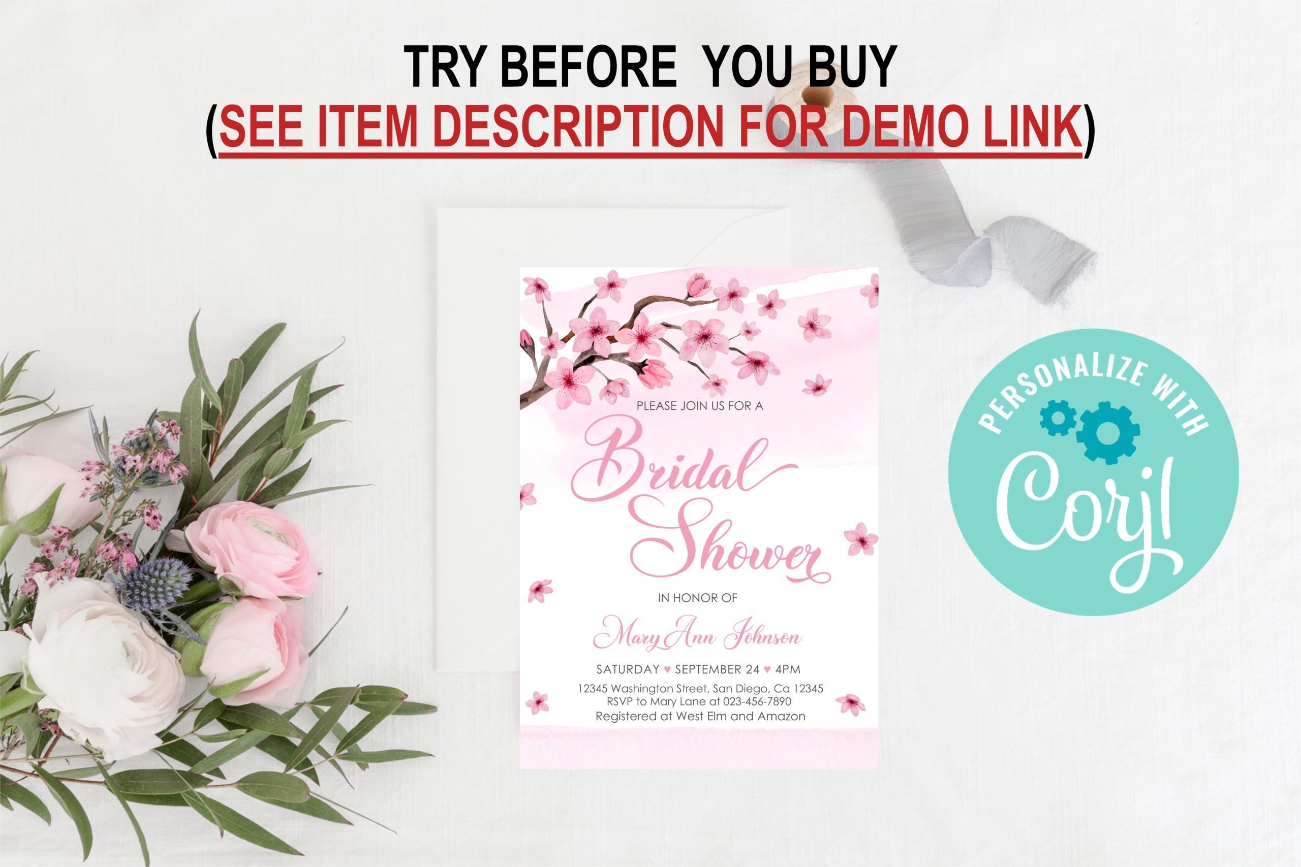 BRIDAL SHOWER Editable Cherry Blossom Bridal Shower Invitation – Pink Floral Invite – Japanese Flower – Corjl Template 5x7 Invitation