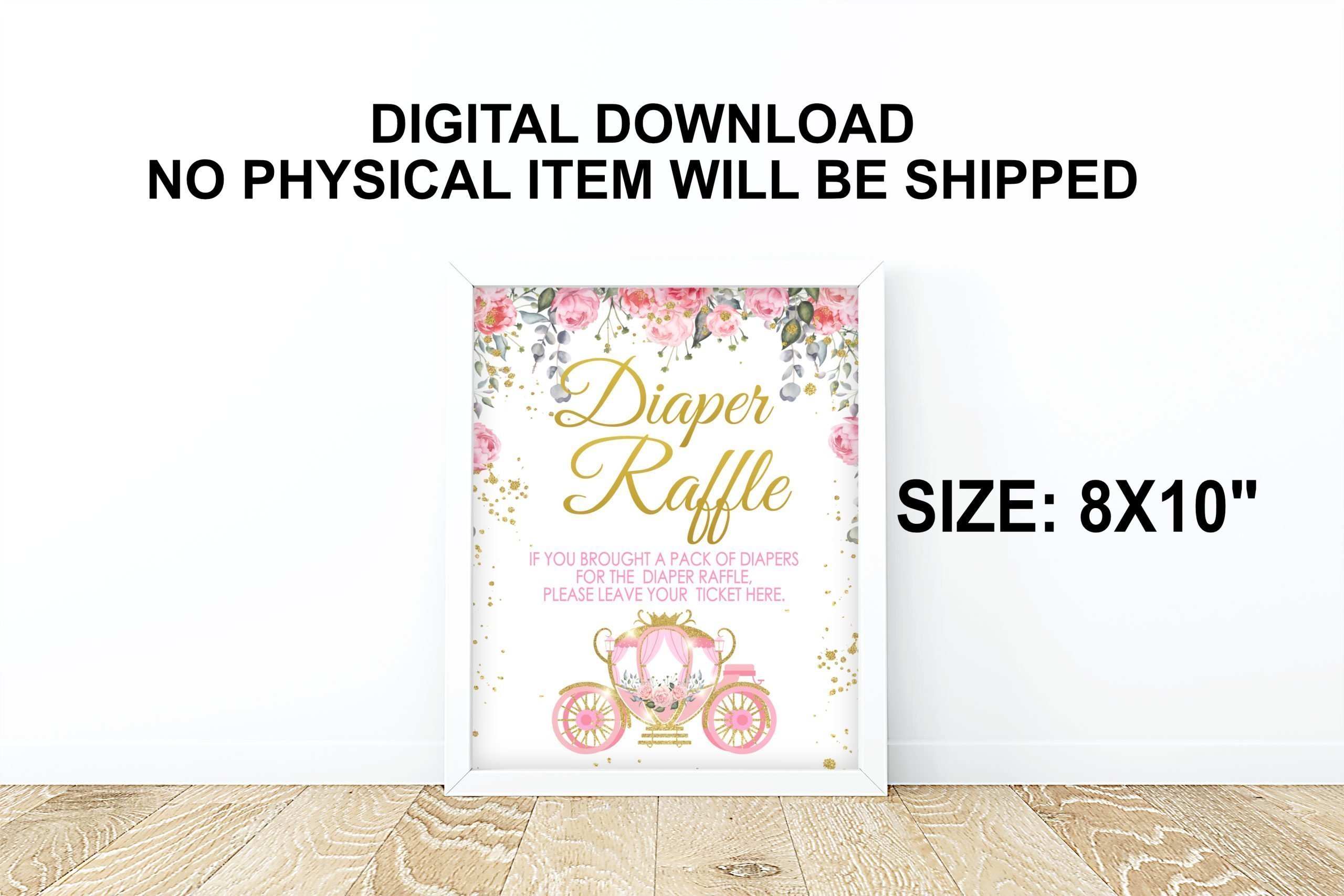 Baby Shower Games Pink Princess Diaper Raffle Sign, PRINTABLE 8x10 Size.