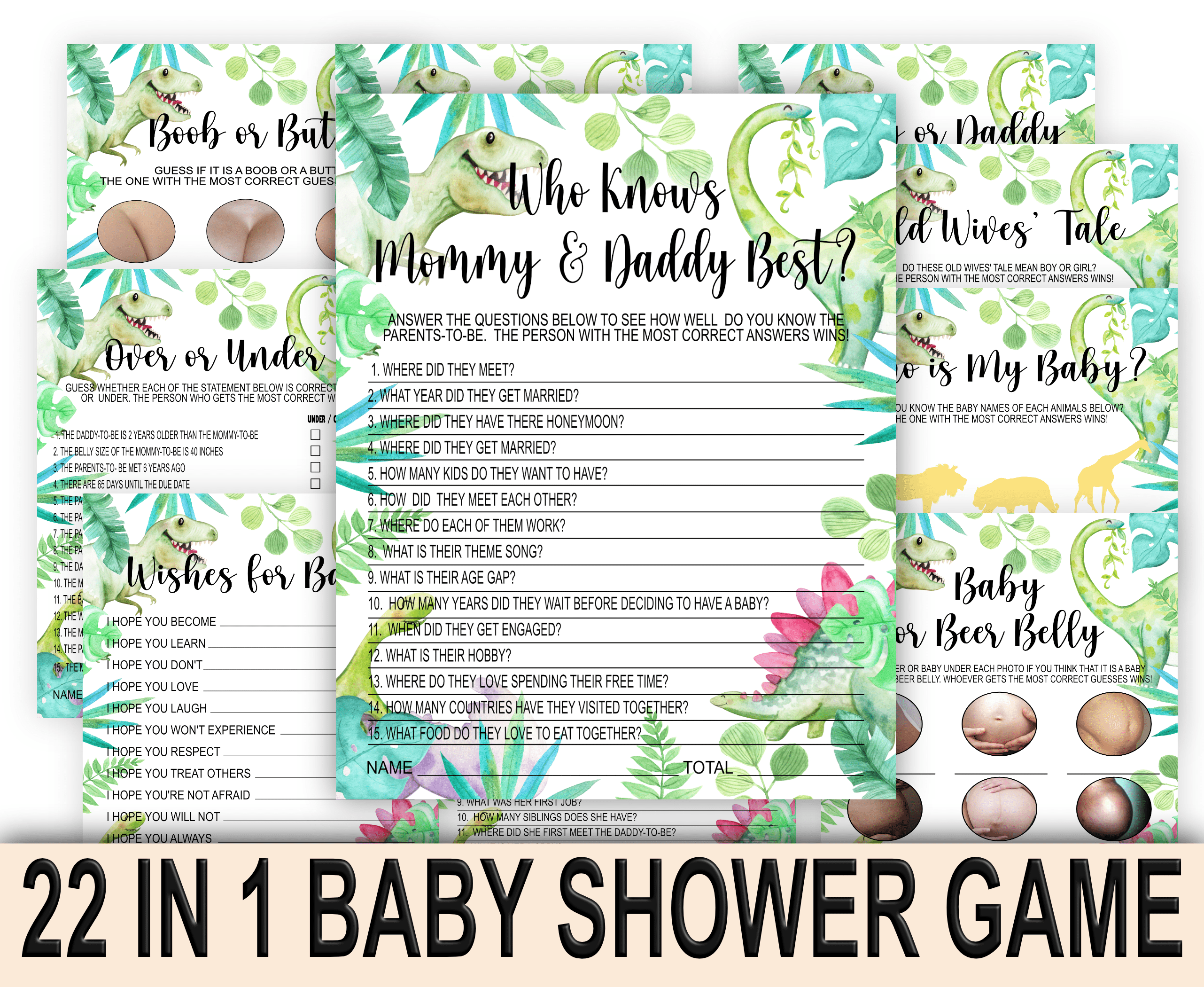 Baby Shower Games Roar and Explore Baby Shower Games Bundle – Dinosaur Theme Baby Prediction Game
