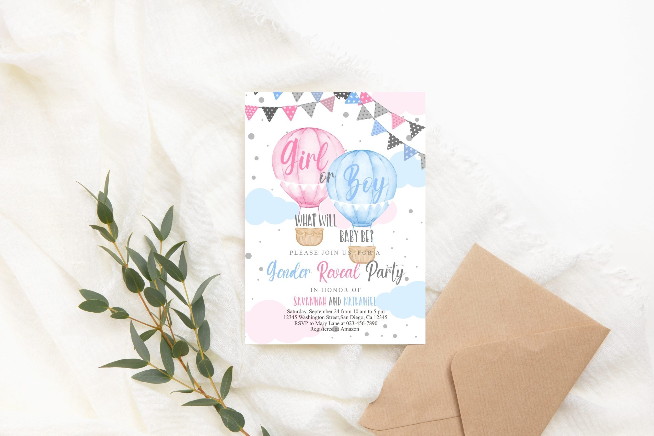 GENDER REVEAL Editable Hot Air Balloon Gender Reveal Invitation – Pink and Blue Hot Air Balloon Party Invite Corjl Template 5x7 Invitation Size