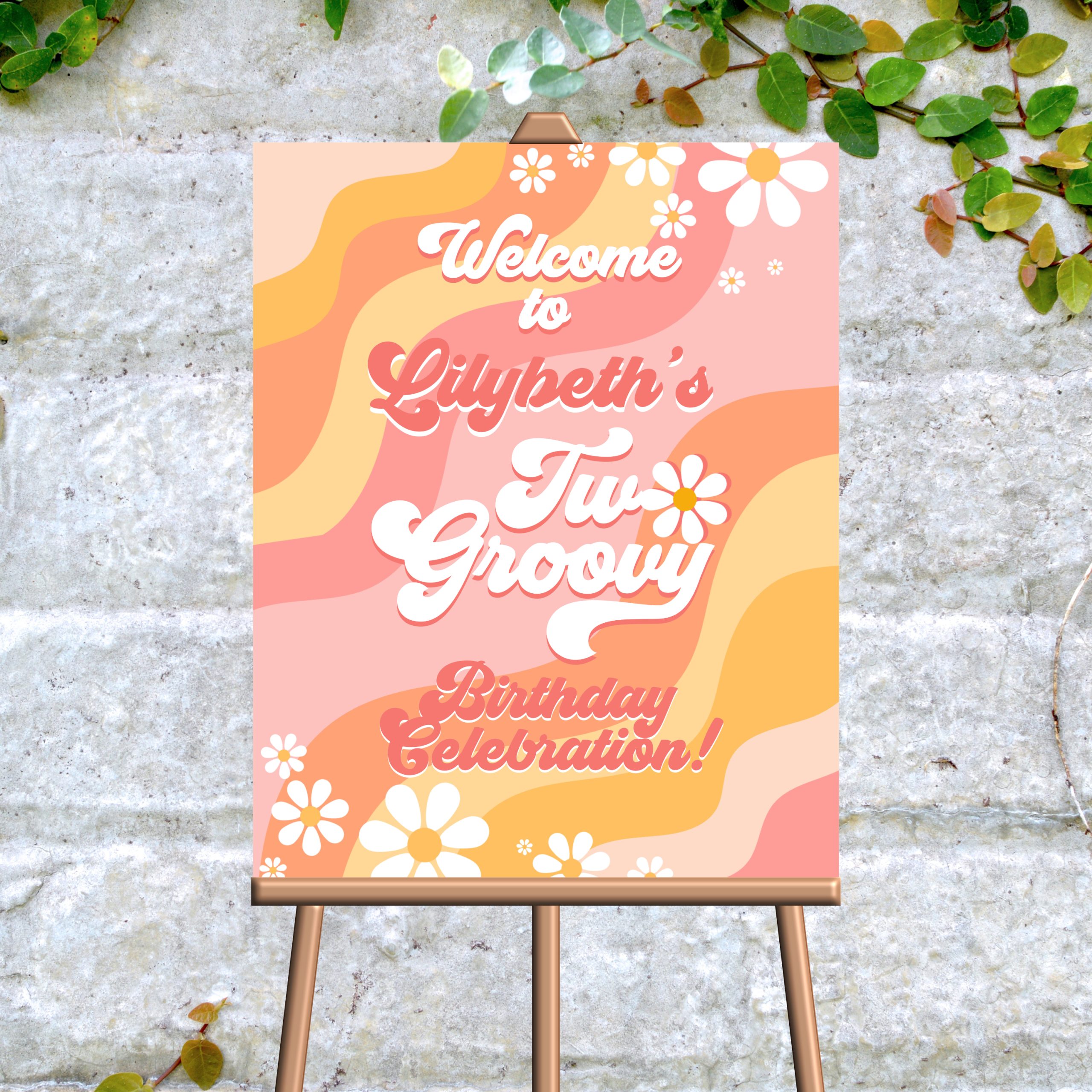 DECOR | SIGNS Editable Two Groovy Birthday Welcome Sign, PRINTABLE, Daisy Orange Boho Theme 2nd Birthday Party Decorations