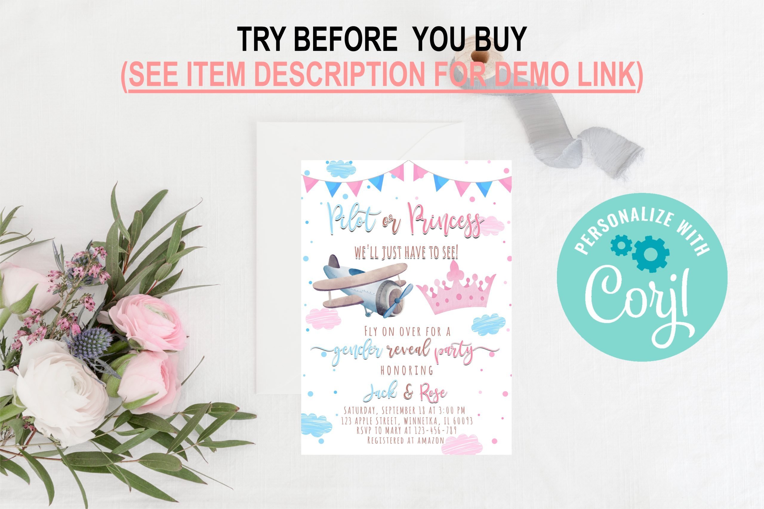 Birthday Invitations Editable Pilot or Princess 5×7″ Invitation | Gender Reveal or Birthday Party | Pink Crown & Blue Airplane 5x7 Invitation Size